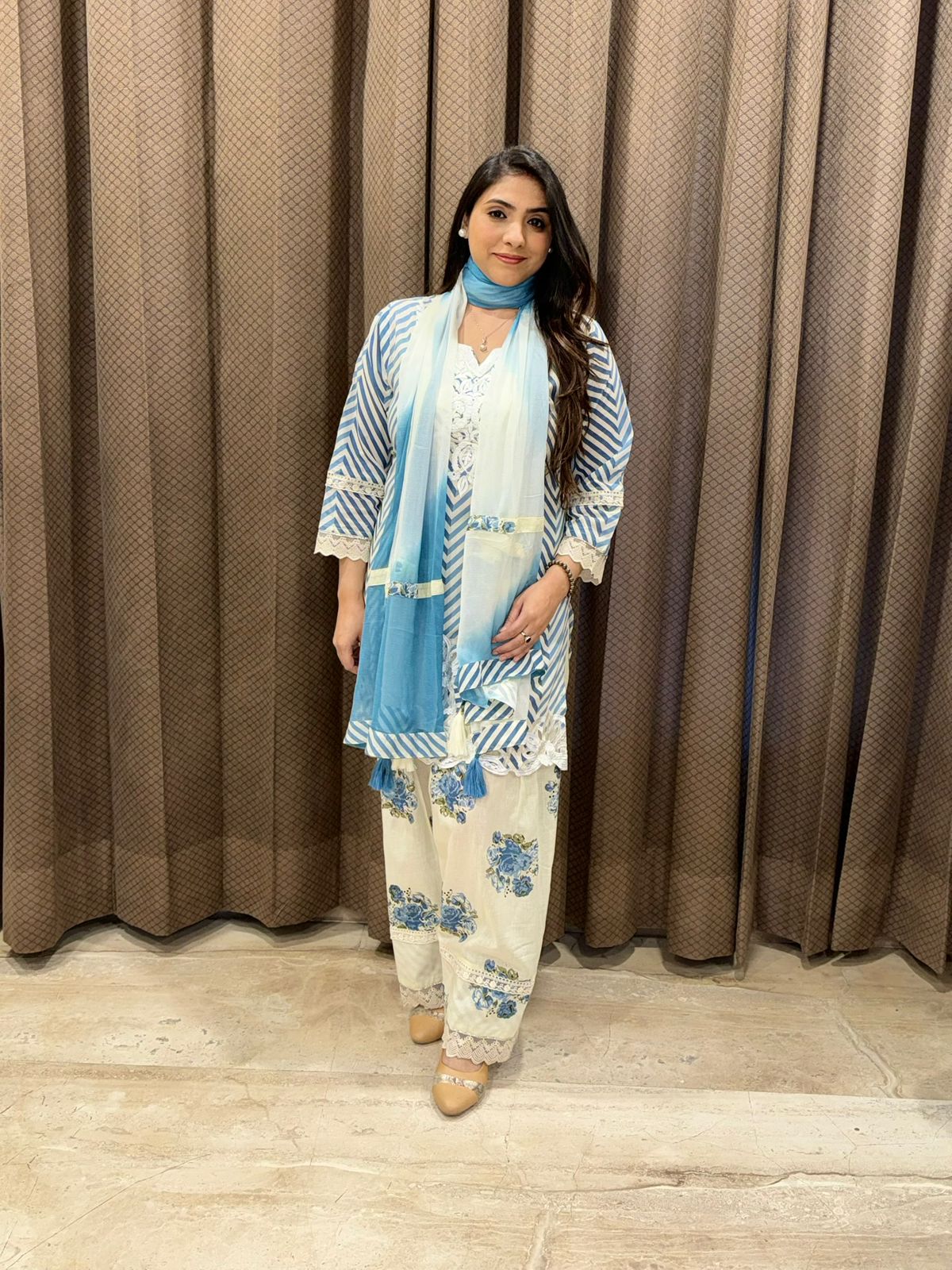 Exclusive White & blue Farshi set with dupatta & cutwork