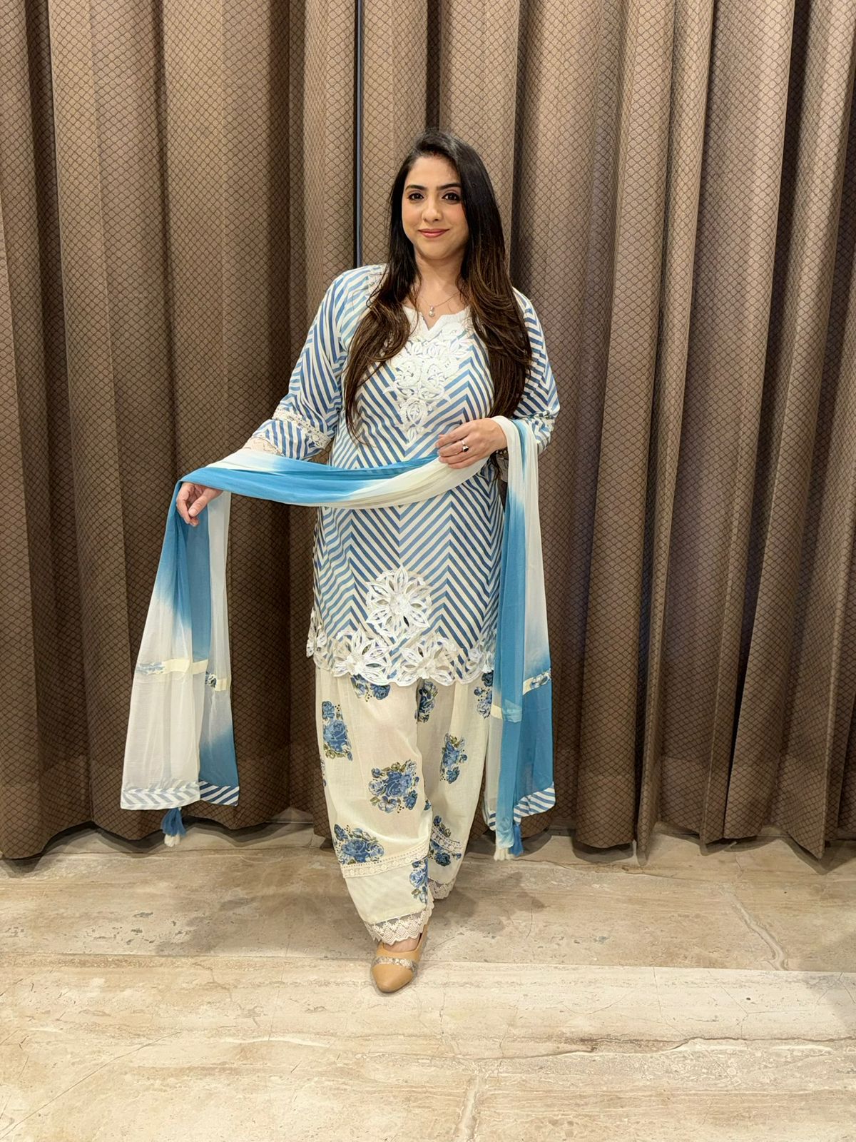 Exclusive White & blue Farshi set with dupatta & cutwork
