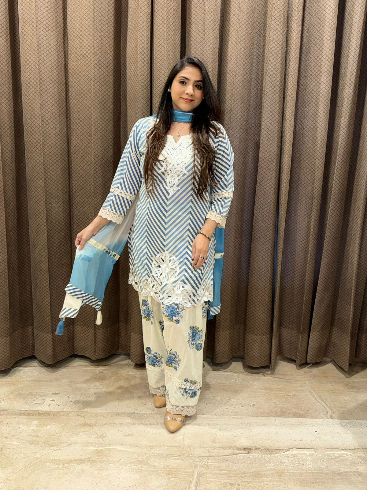 Exclusive White & blue Farshi set with dupatta & cutwork