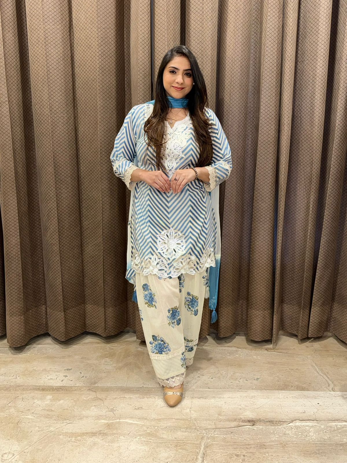 Exclusive White & blue Farshi set with dupatta & cutwork