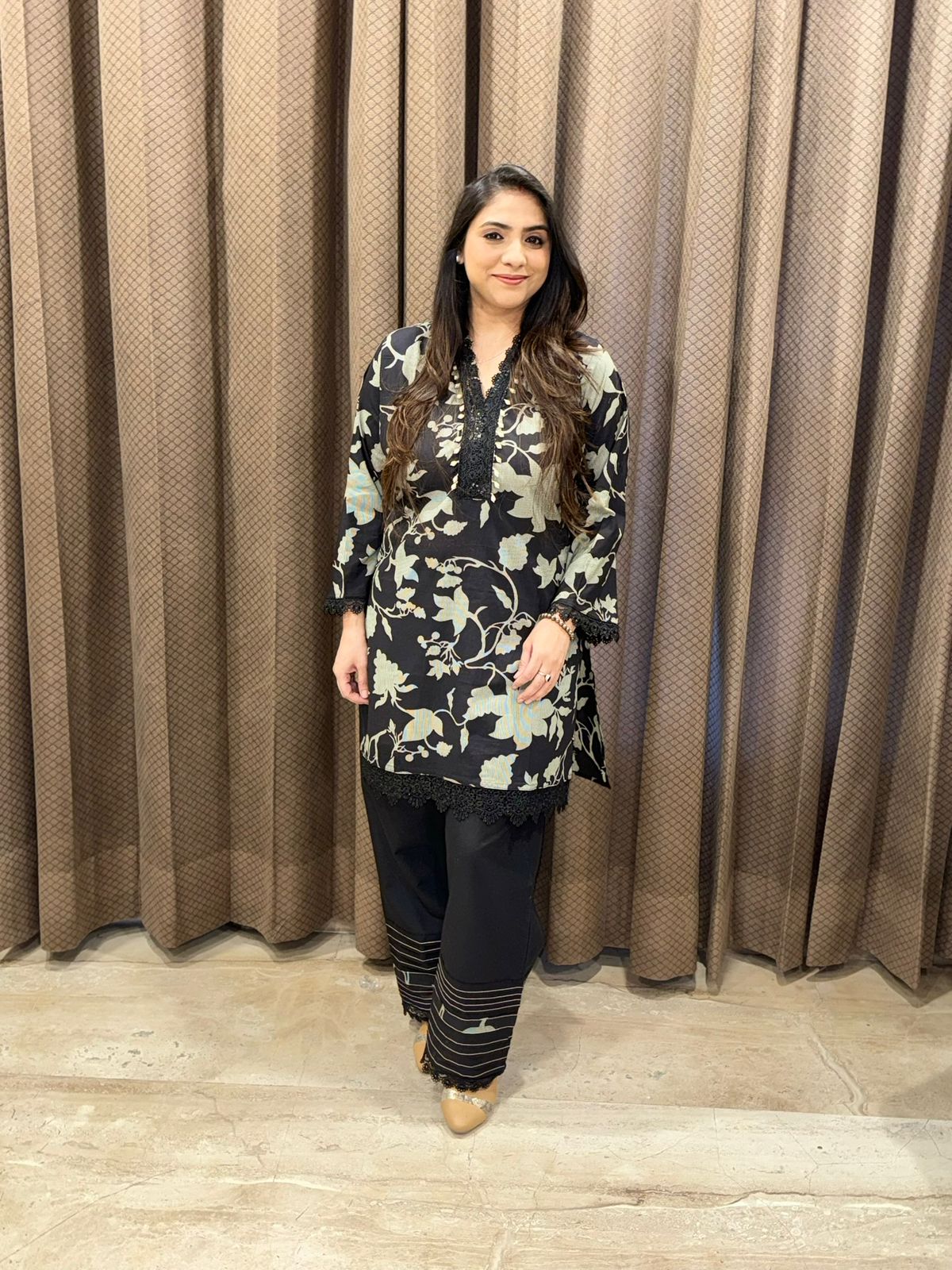 Smart Black cotton farshi co-ord set with laces enhanced