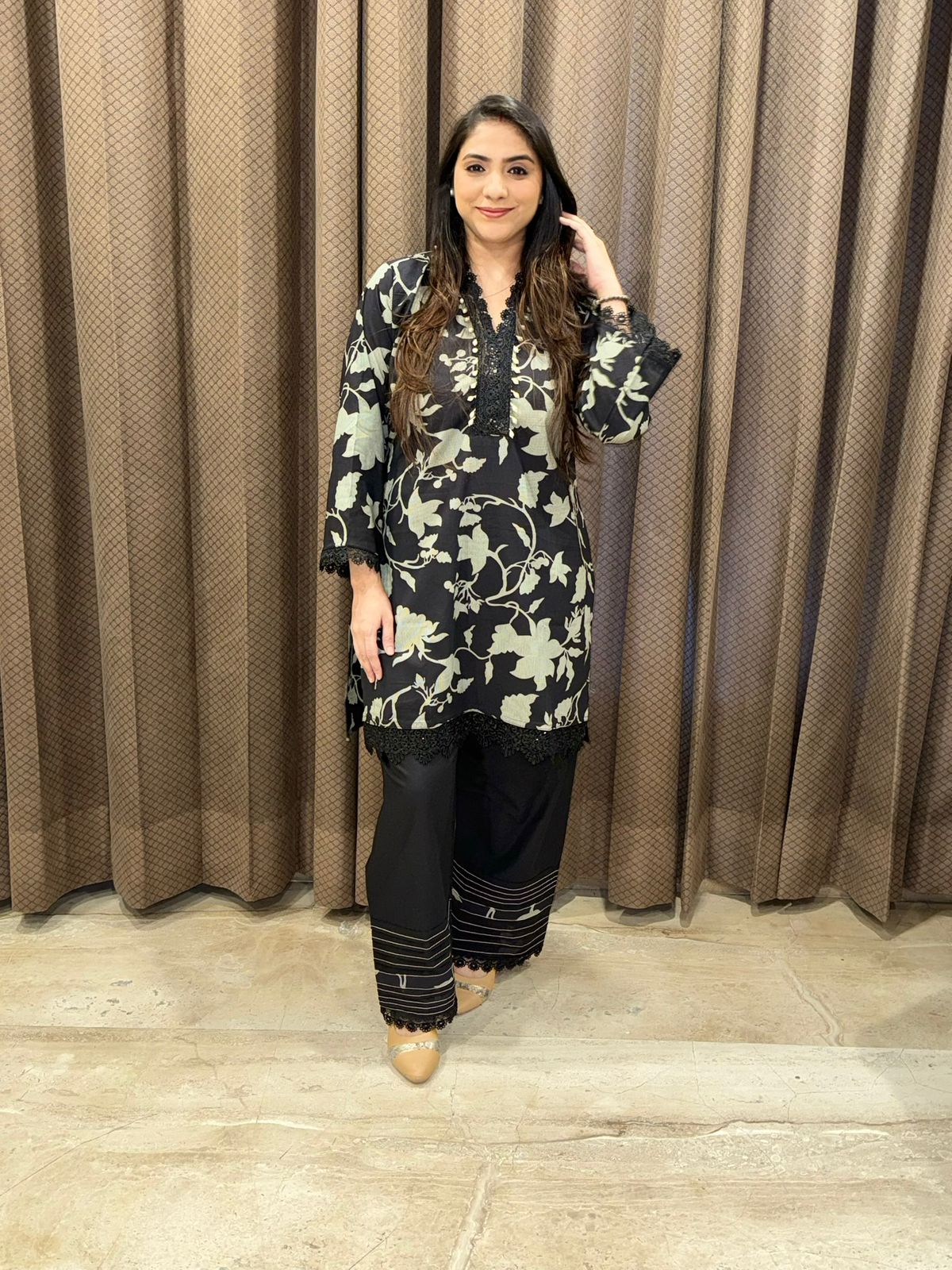 Smart Black cotton farshi co-ord set with laces enhanced