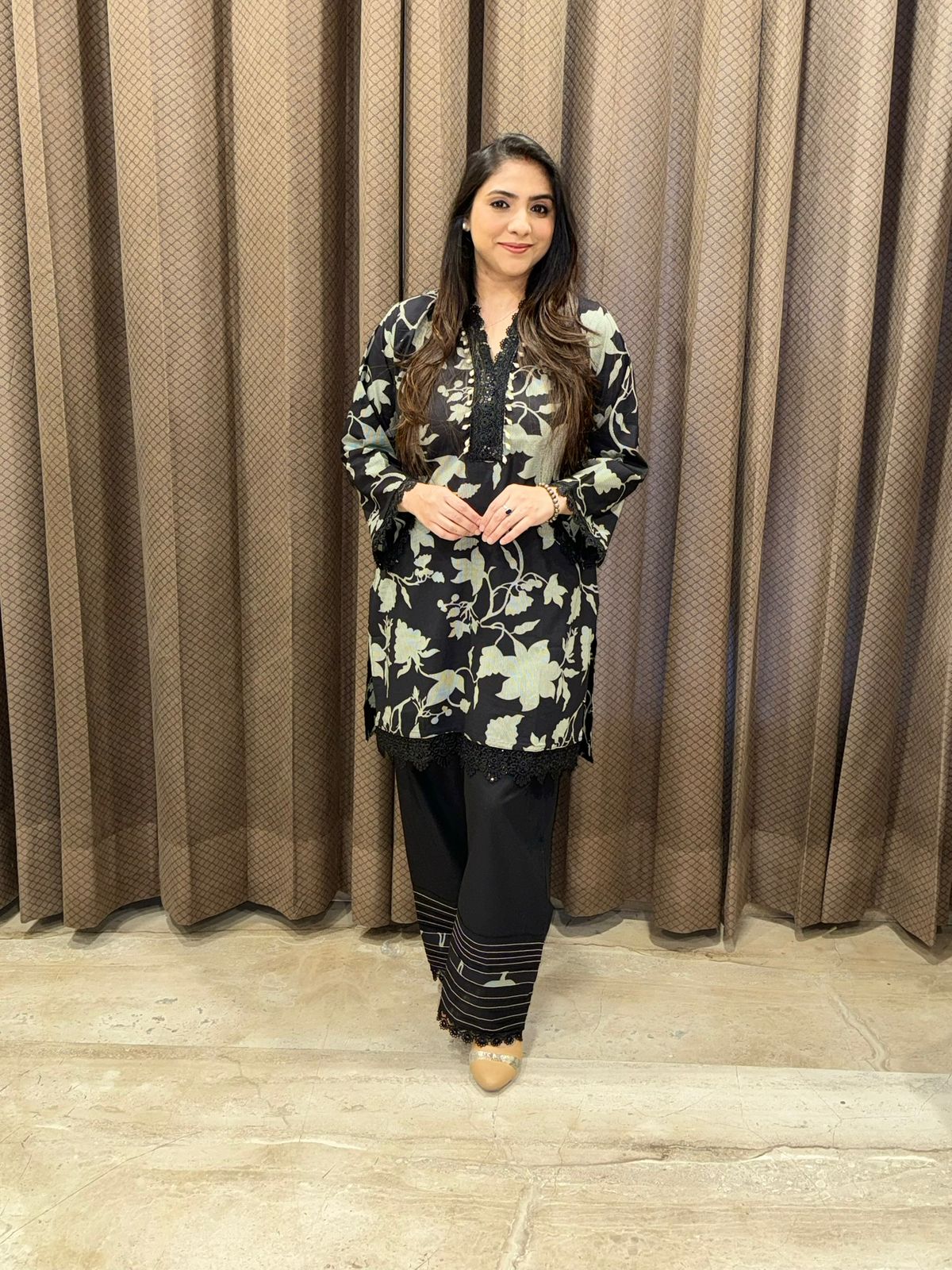 Smart Black cotton farshi co-ord set with laces enhanced