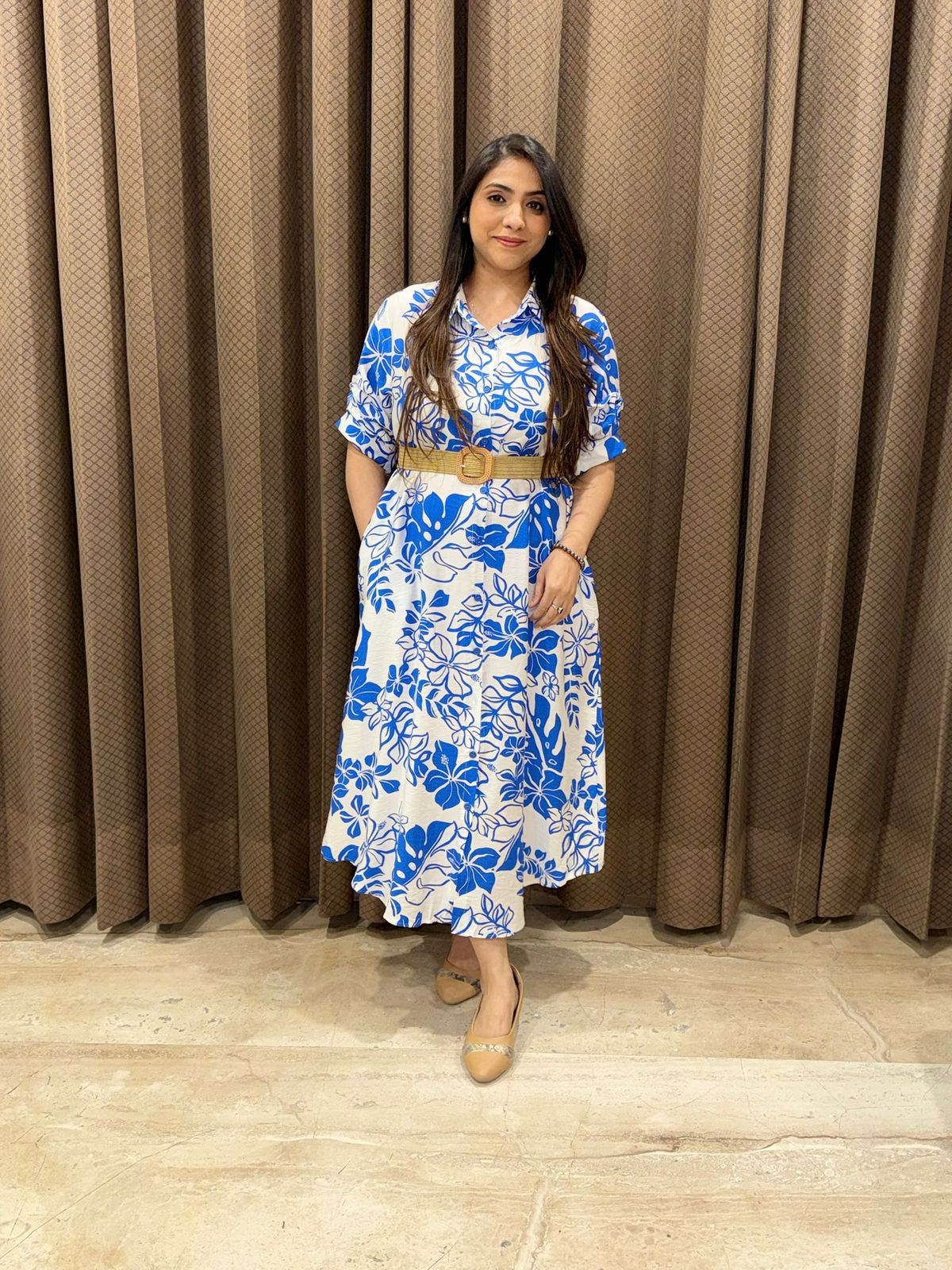 Elegant Blue floral Tunic  dress With streachable belt