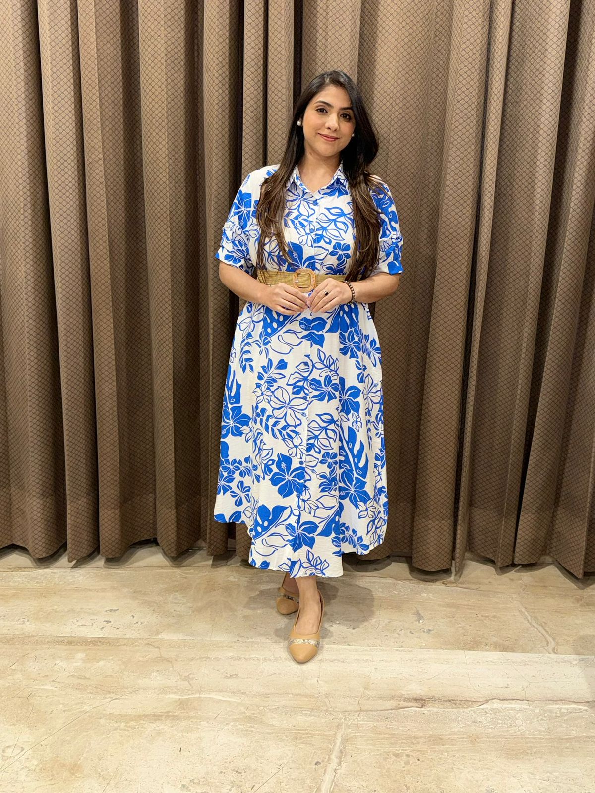 Elegant Blue floral Tunic  dress With streachable belt