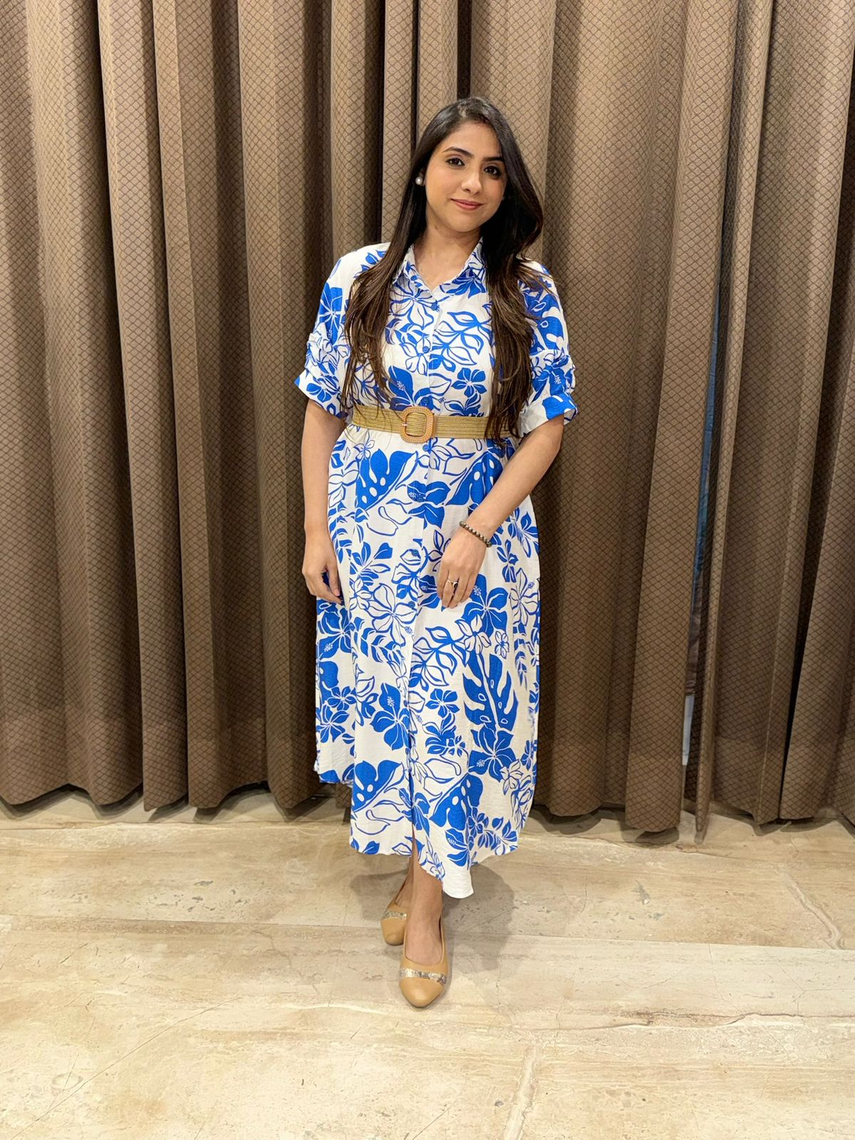 Elegant Blue floral Tunic  dress With streachable belt