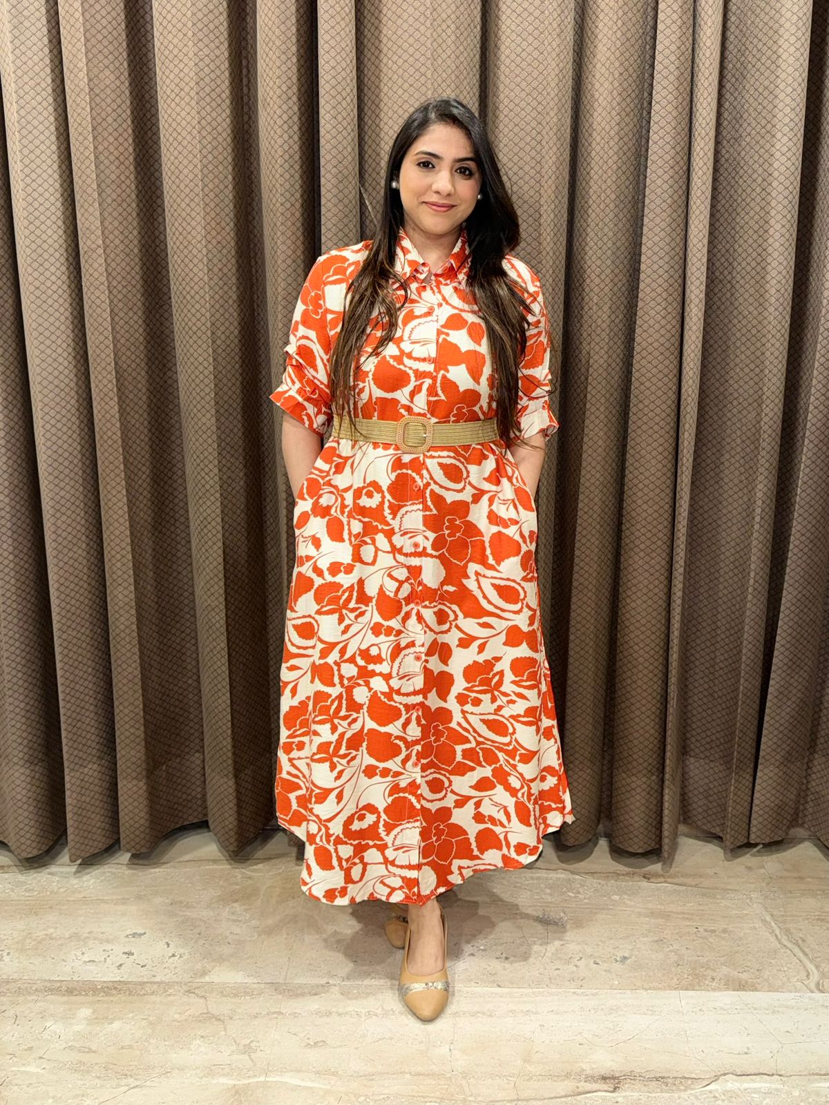 Elegant Blue floral Tunic  dress With streachable belt