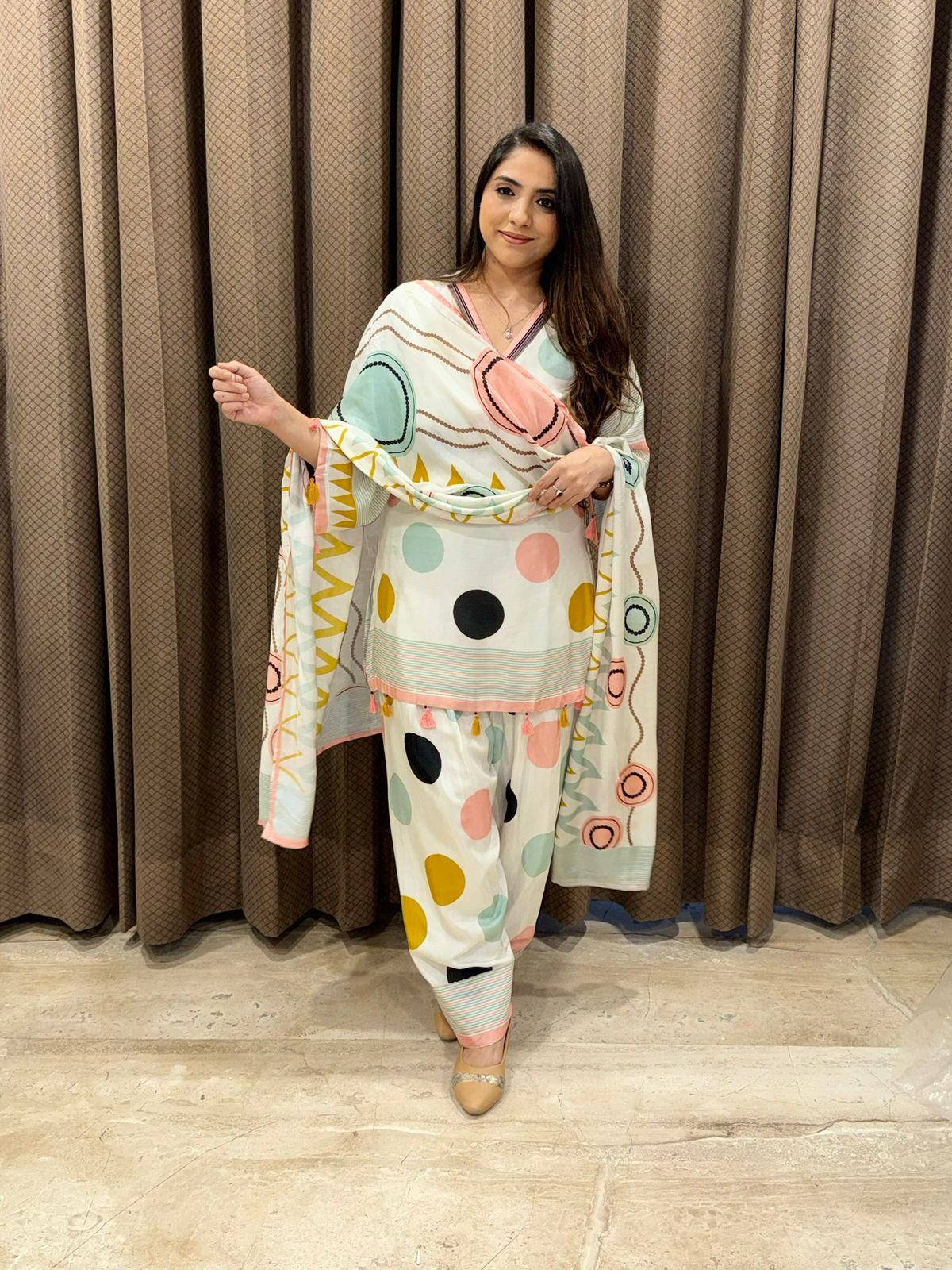 Premium white farshi set with multicolour polka dots & tassels detailing