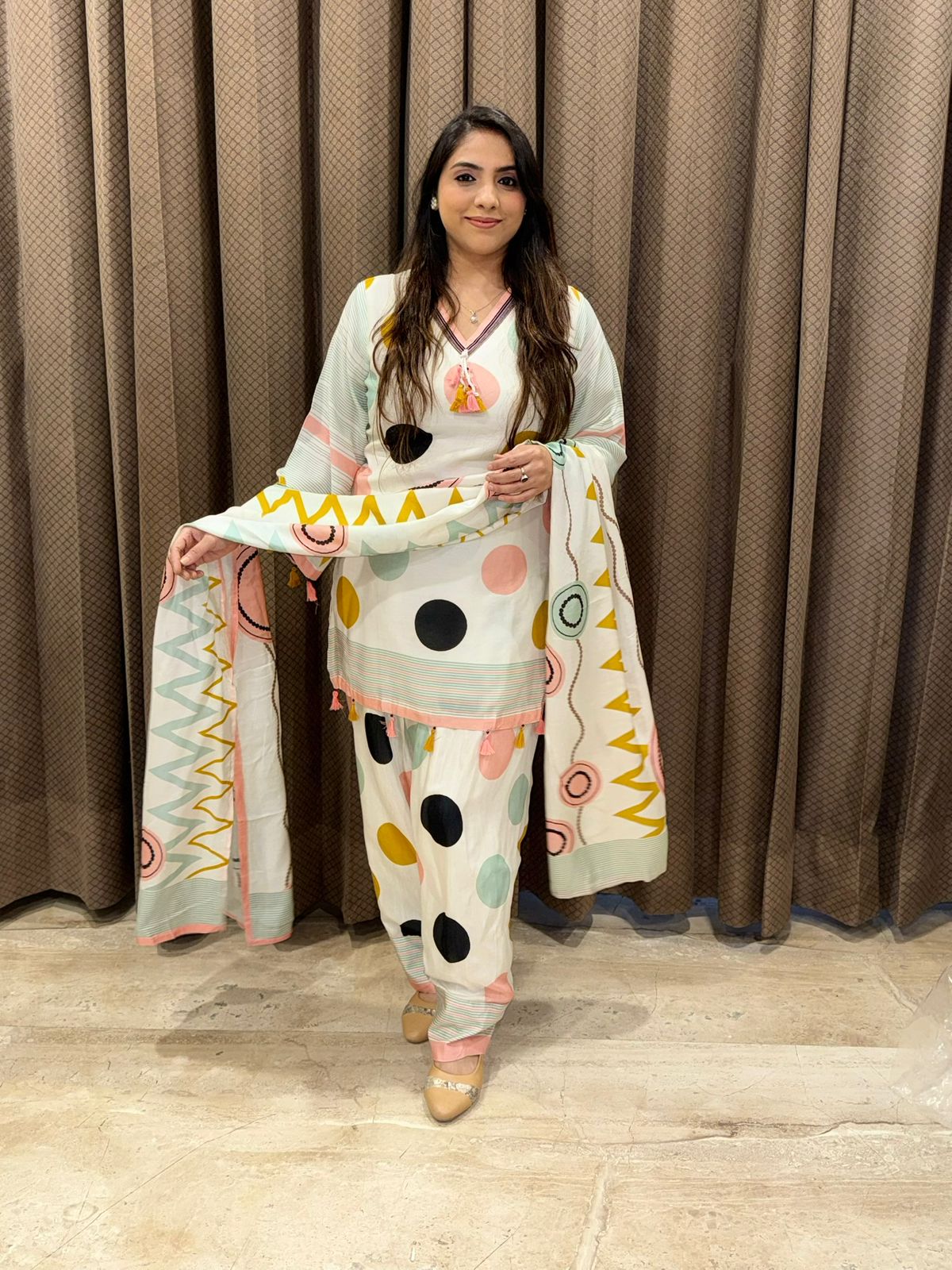 Premium white farshi set with multicolour polka dots & tassels detailing