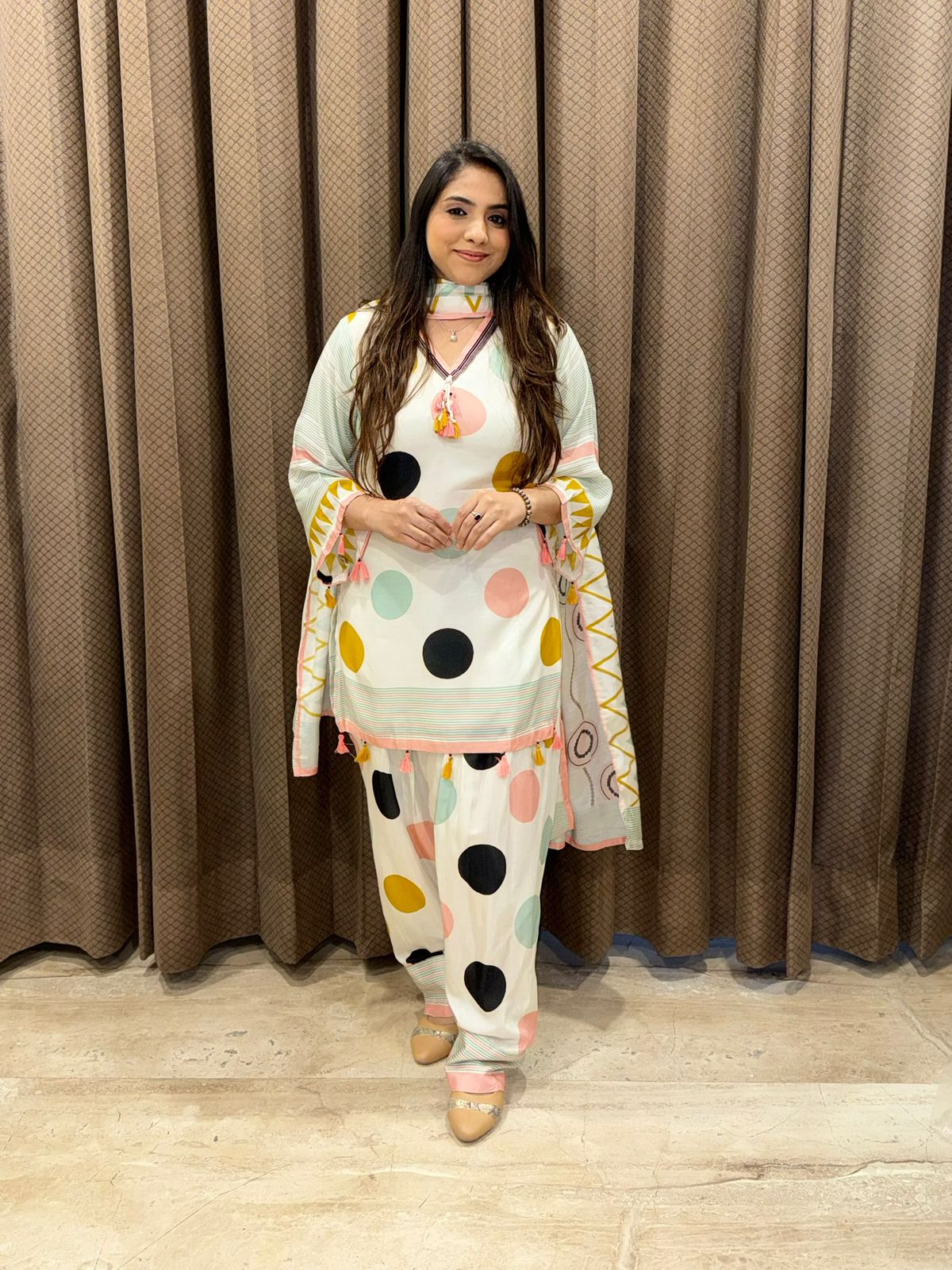 Premium white farshi set with multicolour polka dots & tassels detailing