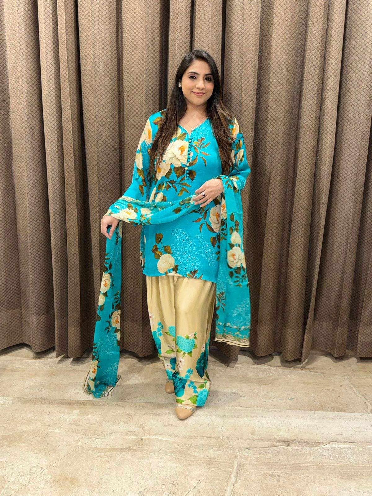 Designer blue Digital farshi set with potli buttons