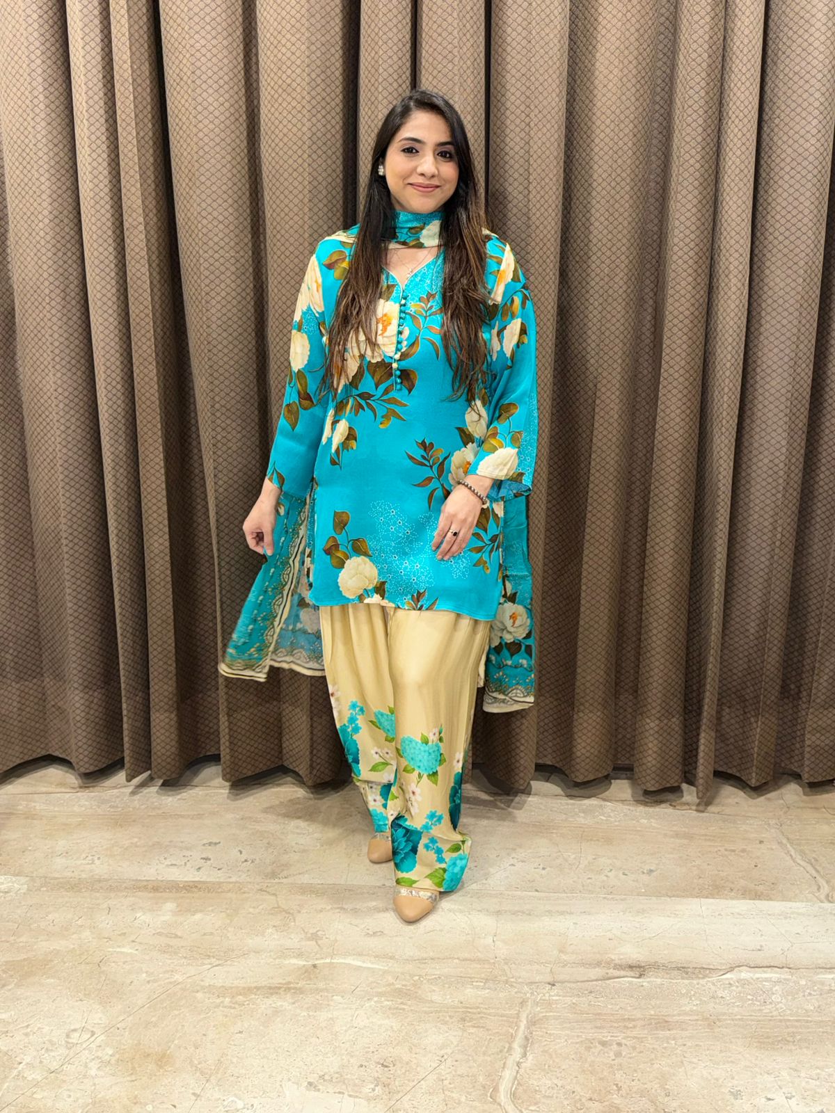 Designer blue Digital farshi set with potli buttons