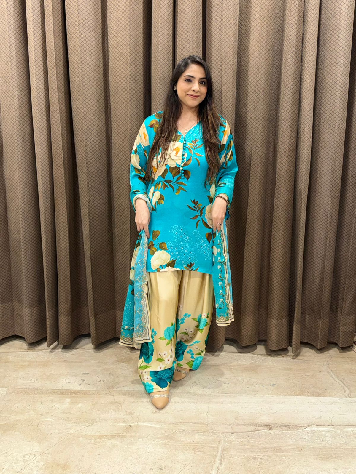 Designer blue Digital farshi set with potli buttons