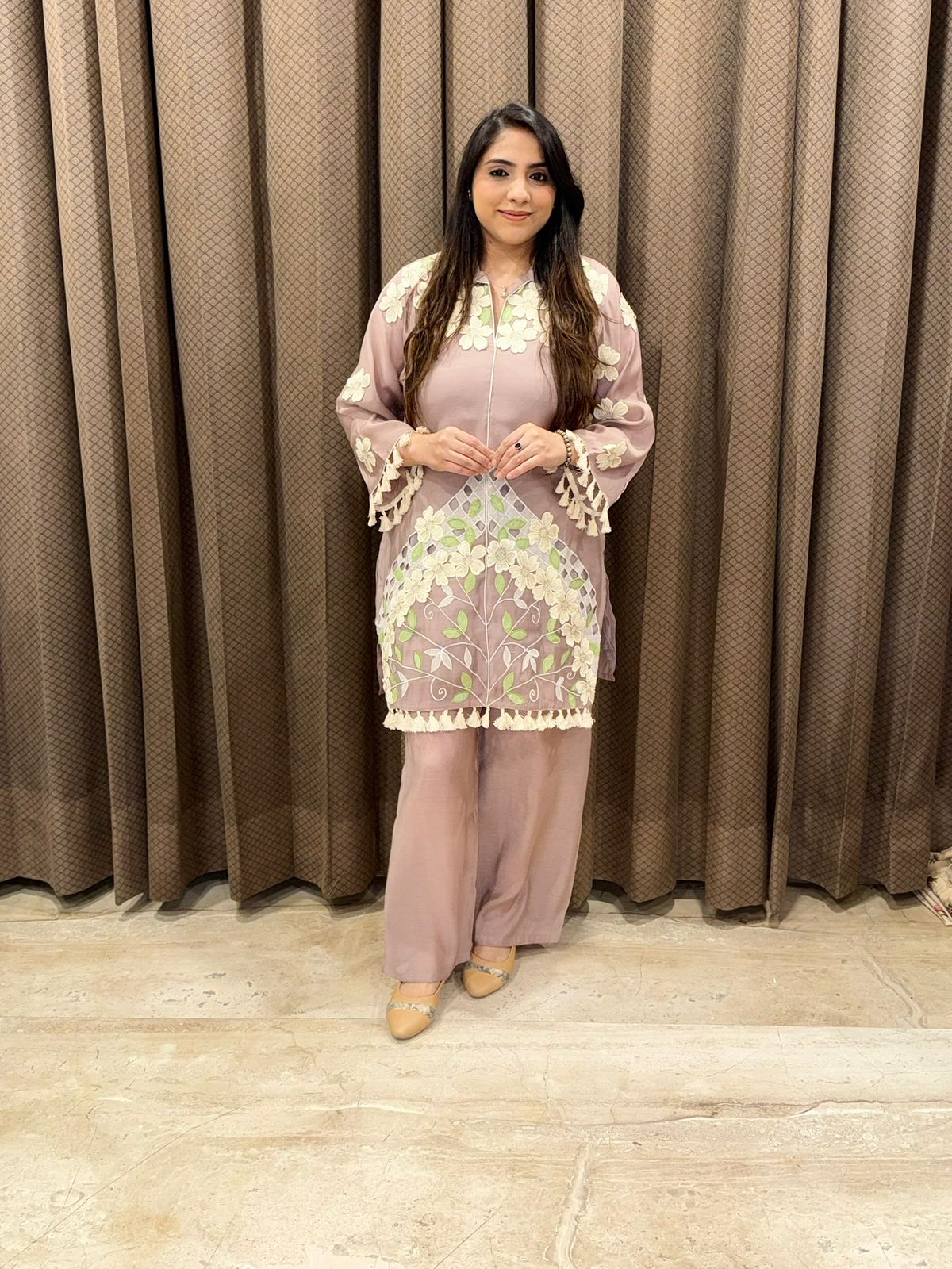 Designer mauve Co-ord set with applique flower & lasercut work