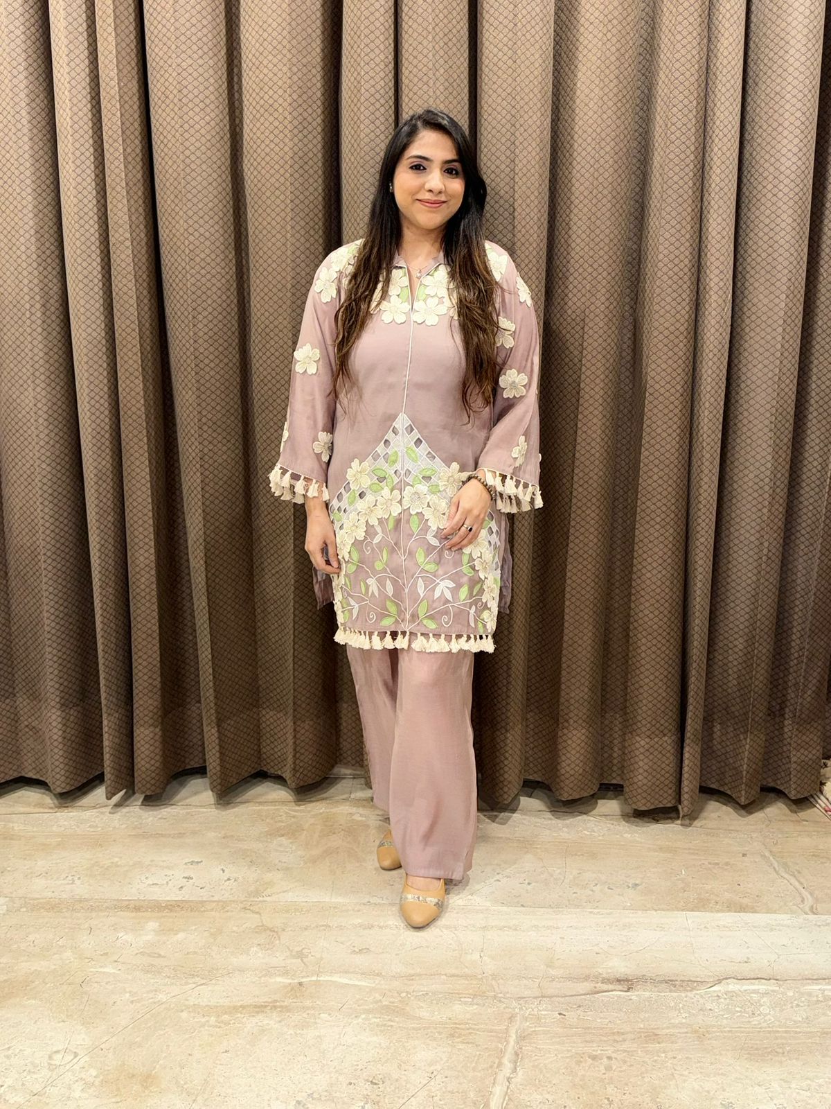 Designer mauve Co-ord set with applique flower & lasercut work