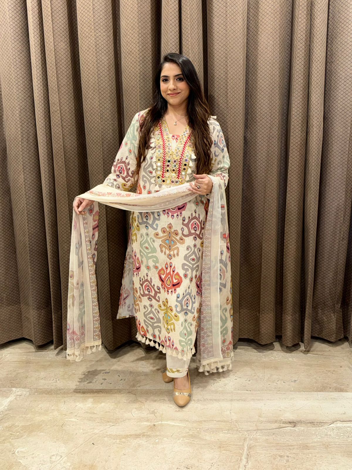 Designer ivory ikkat print Cotton suit set with dupatta & tassels
