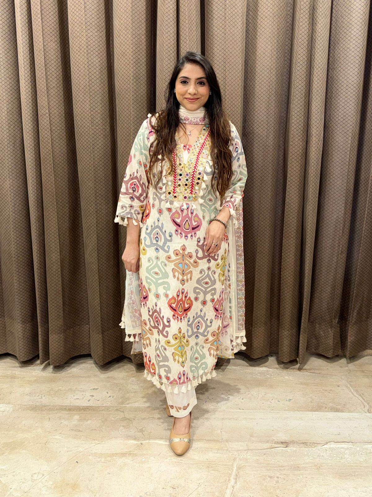 Designer ivory ikkat print Cotton suit set with dupatta & tassels