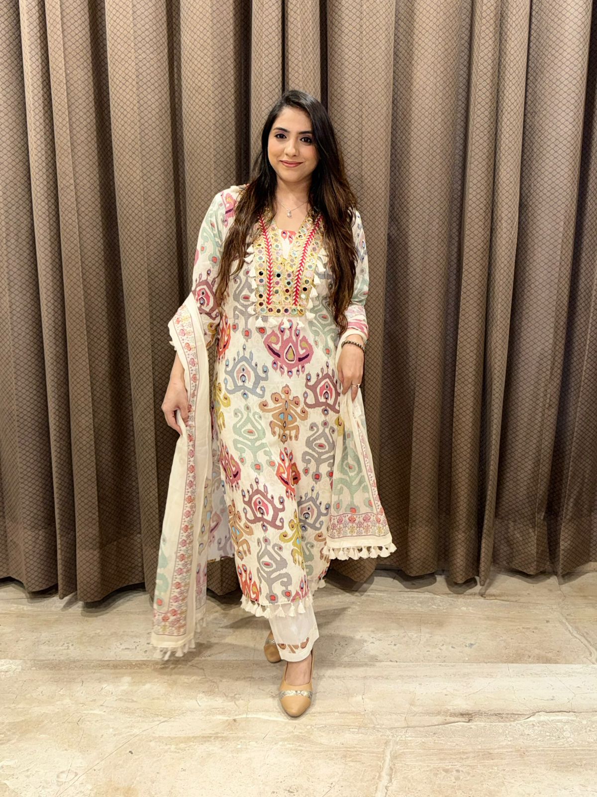 Designer ivory ikkat print Cotton suit set with dupatta & tassels