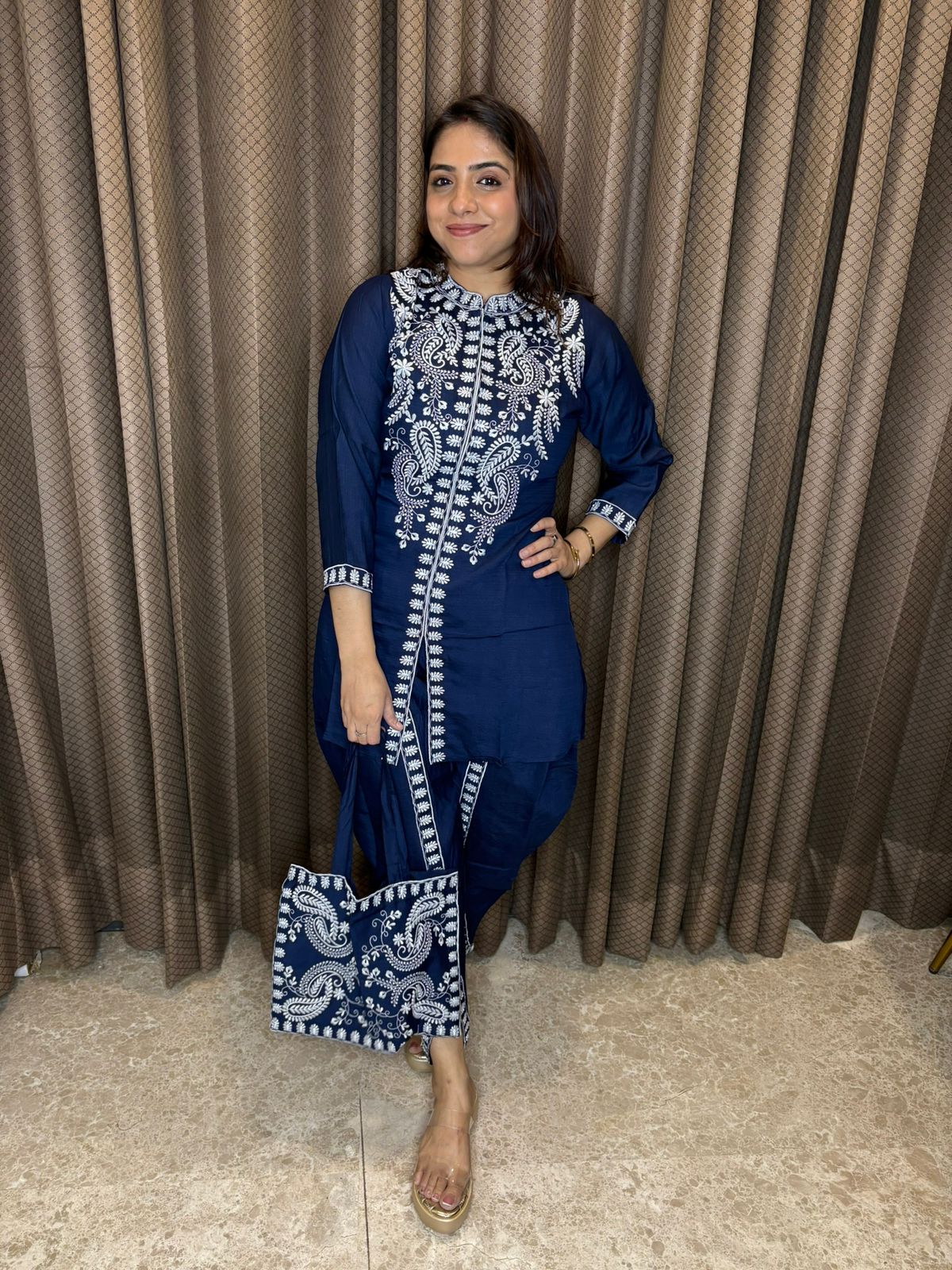 Blue dhoti Co-ord set with  embroidery & bag
