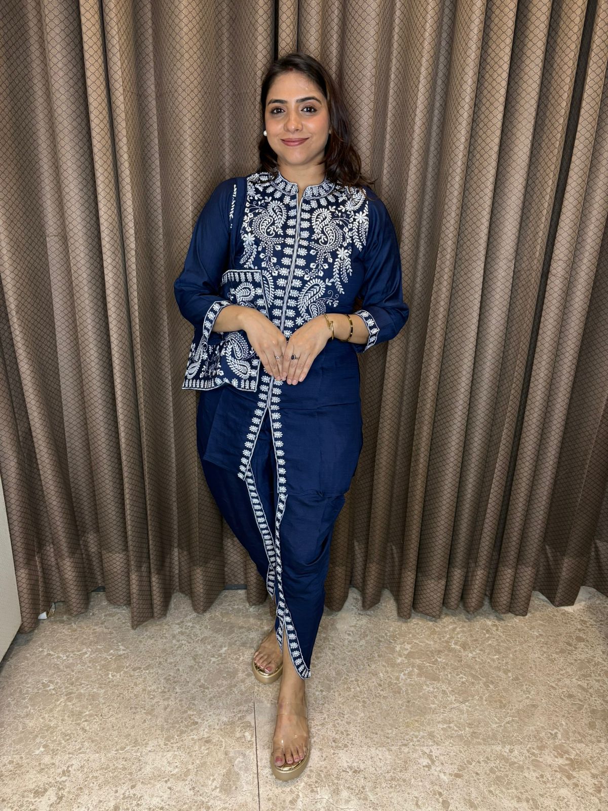Blue dhoti Co-ord set with  embroidery & bag