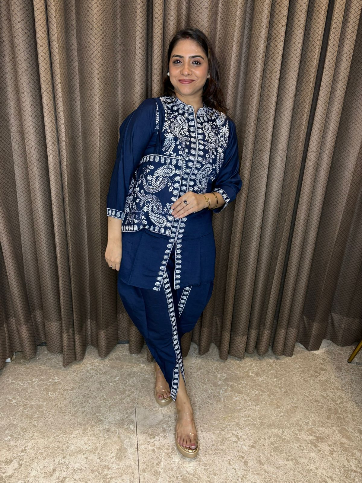Blue dhoti Co-ord set with  embroidery & bag