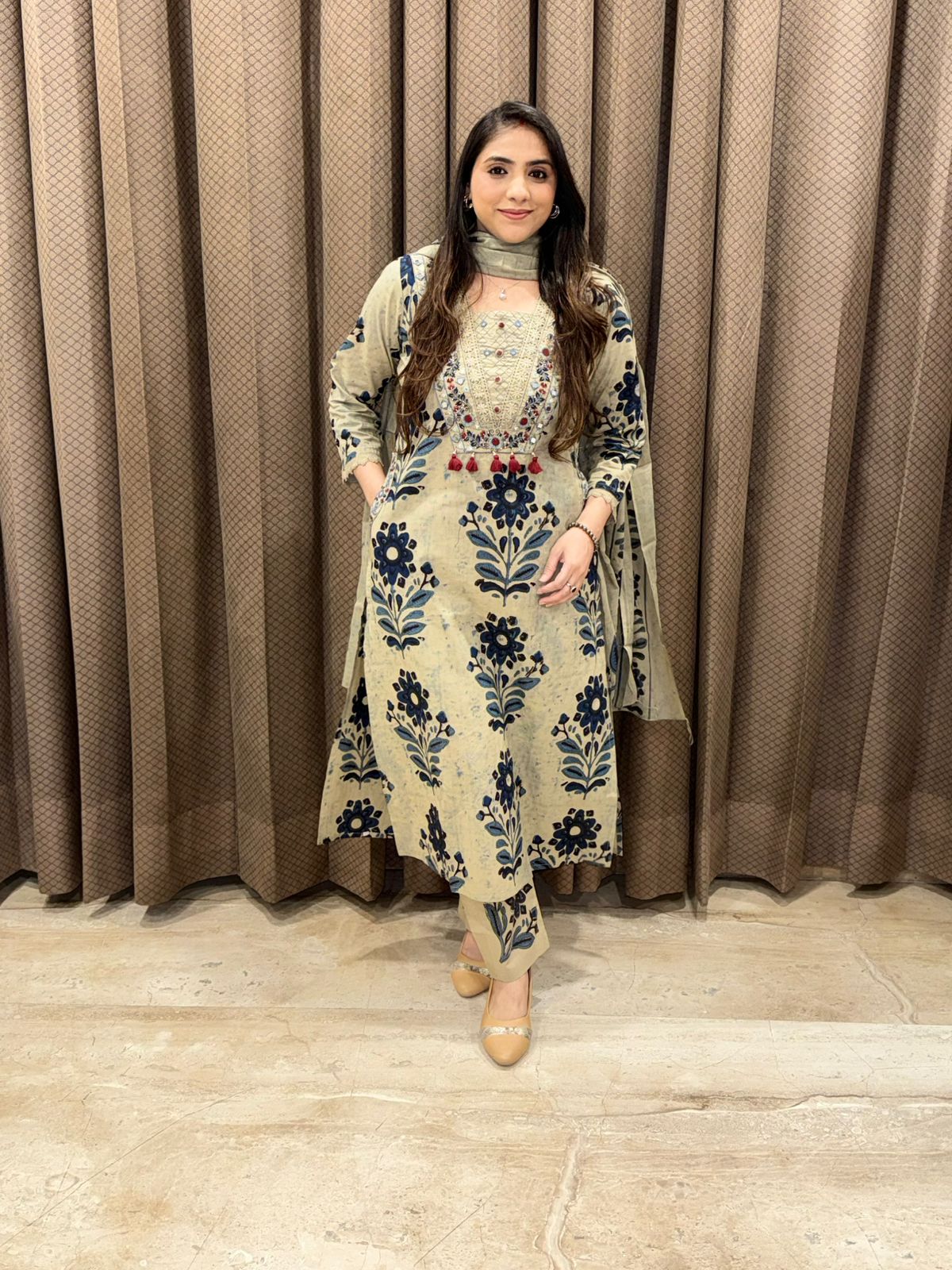 Designer Blue Cotton suit set with dupatta & Handwork