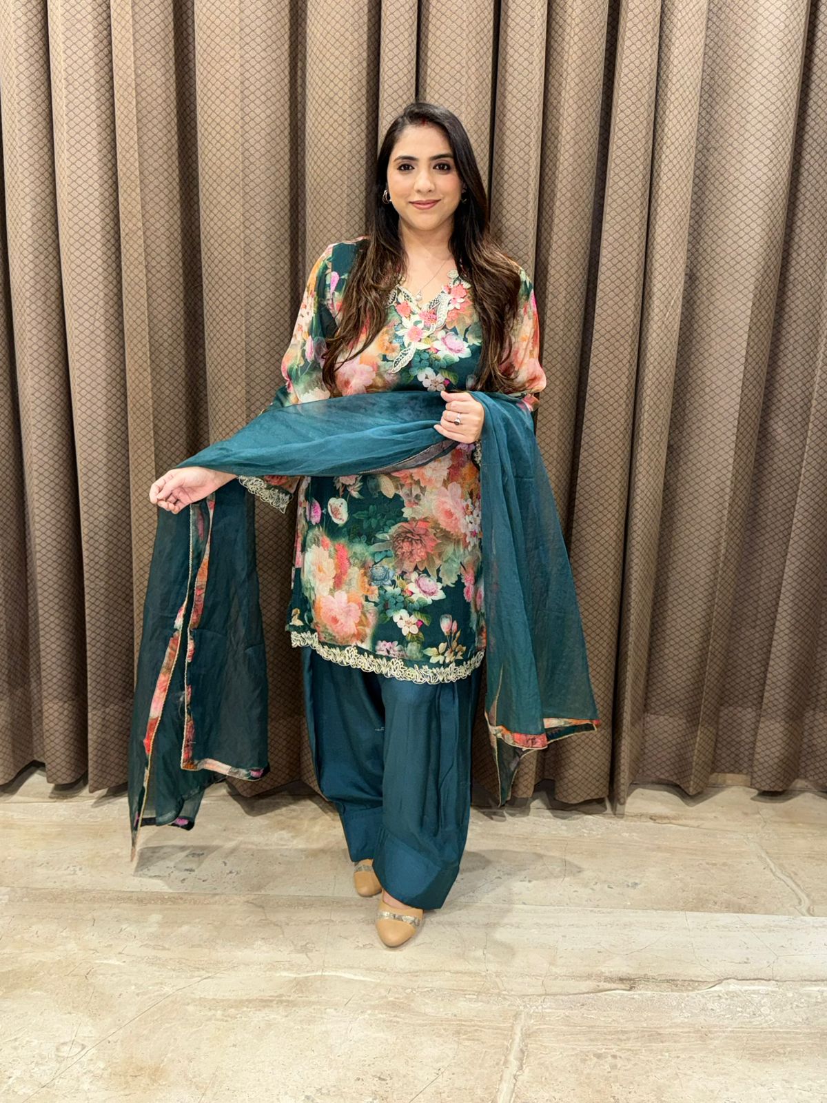 Elegant Green Digital Farshi set with dupatta and handwork