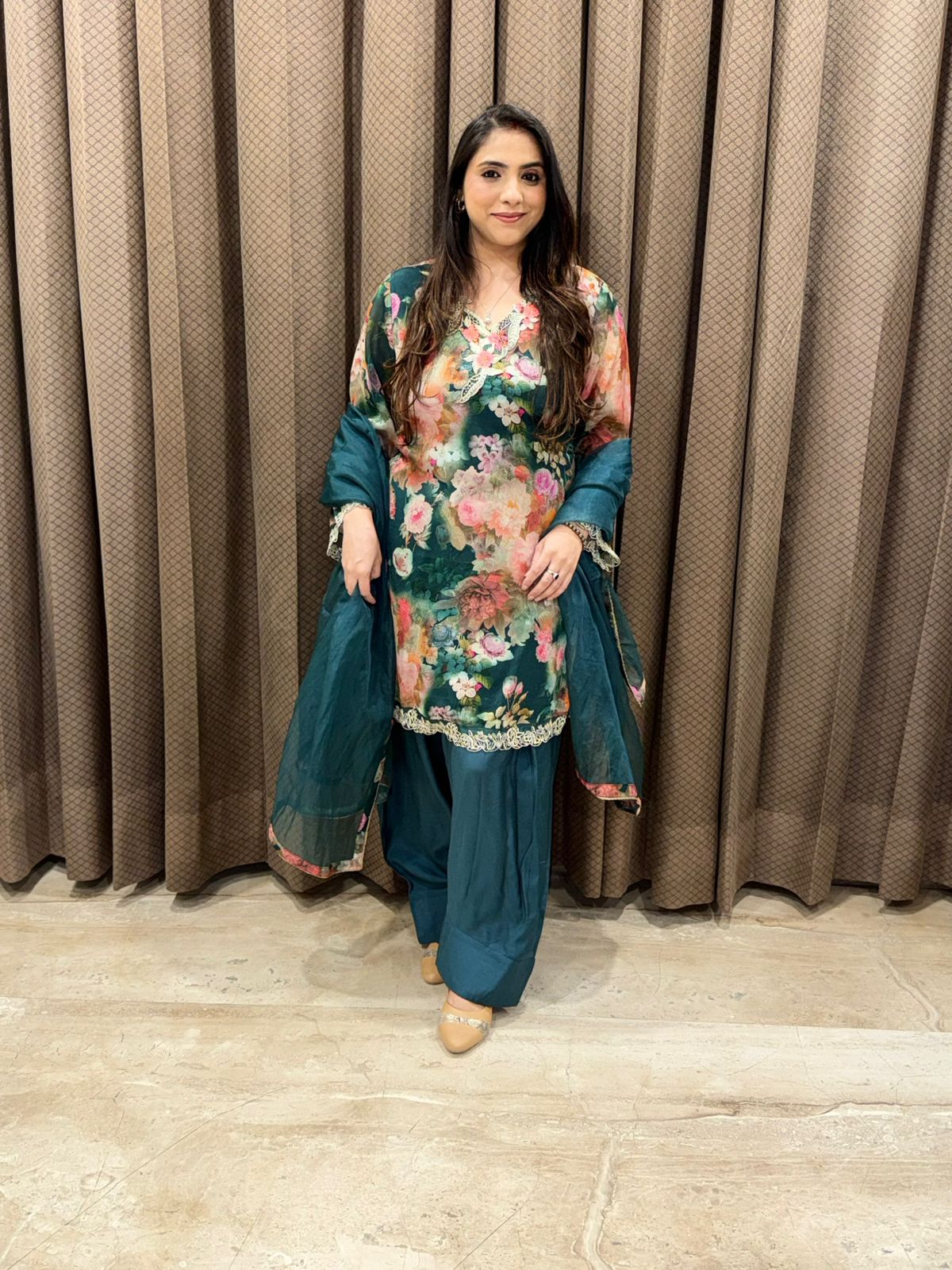 Elegant Green Digital Farshi set with dupatta and handwork