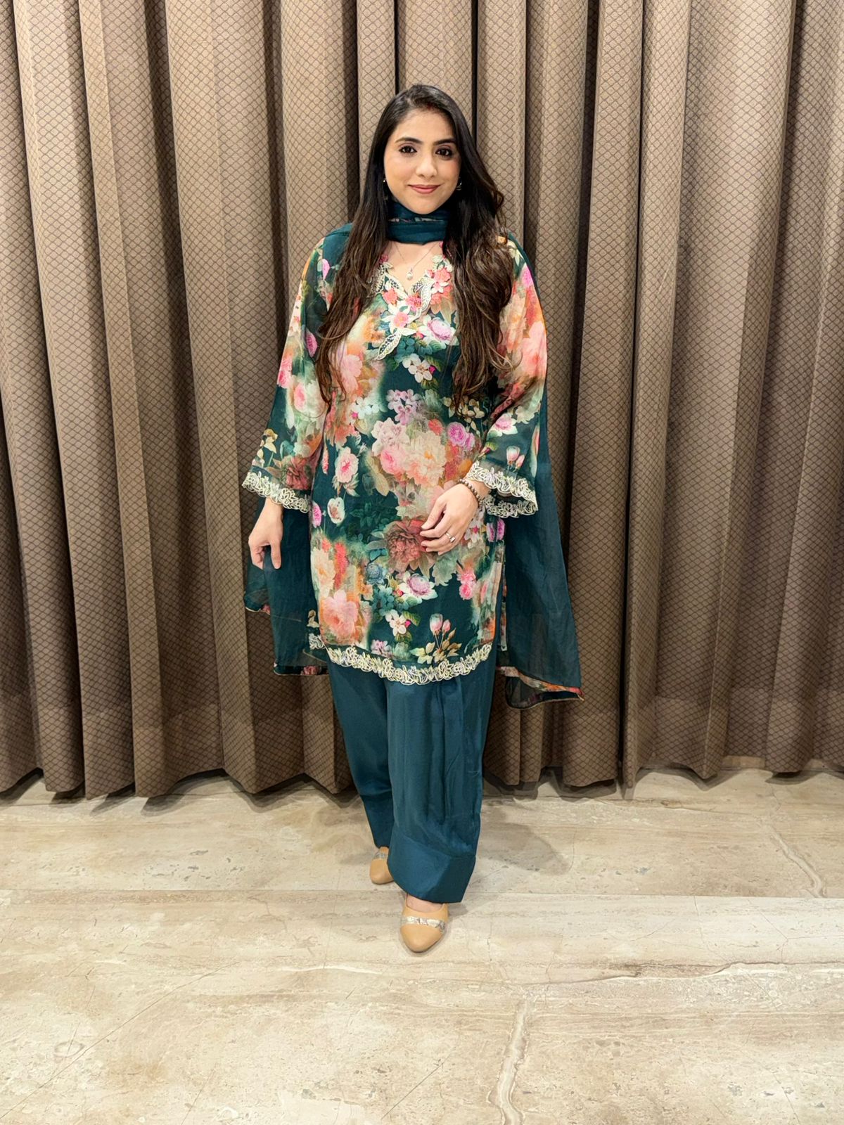 Elegant Green Digital Farshi set with dupatta and handwork