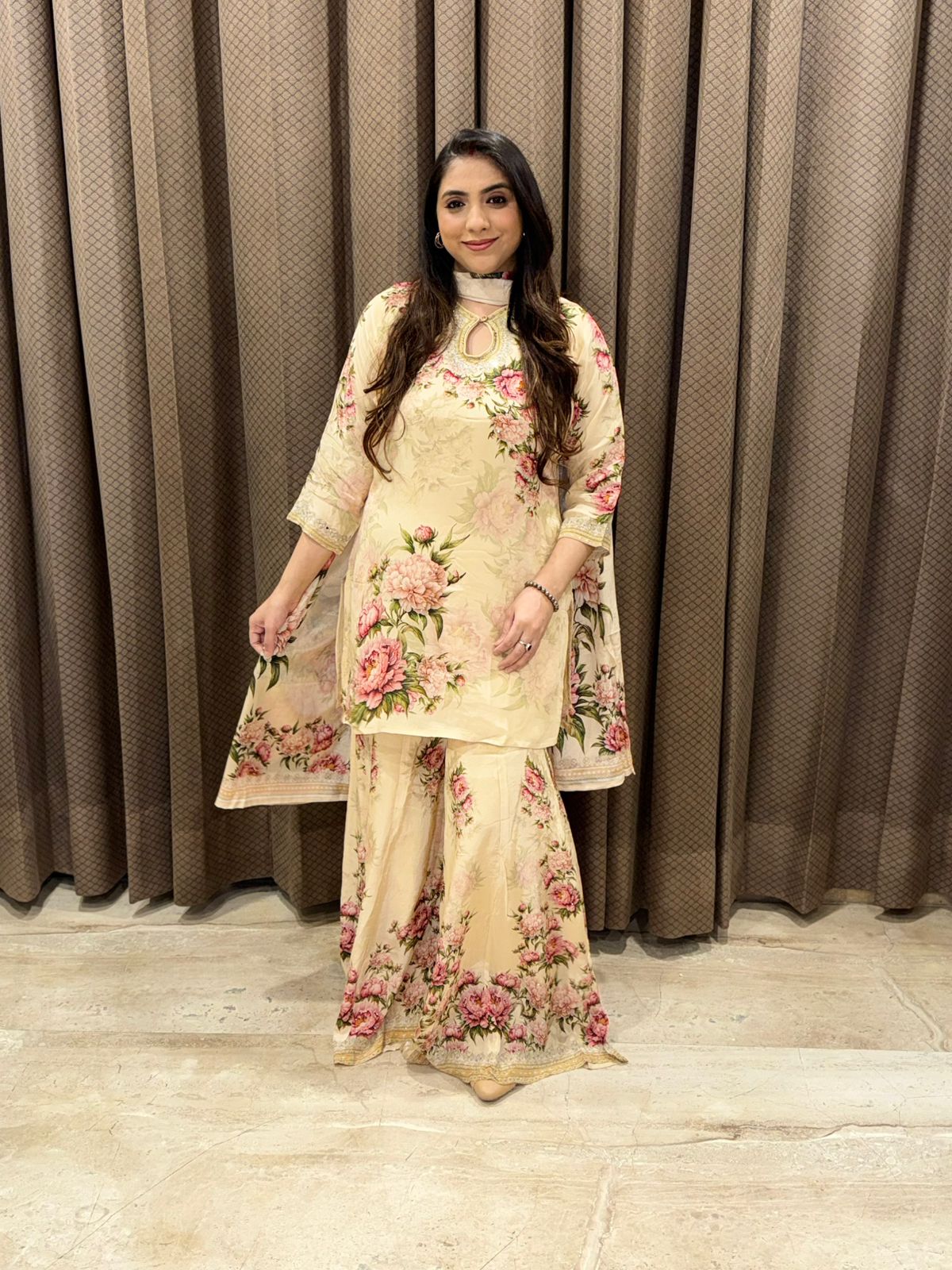 Designer Floral Crepe Sharara Set with dupatta & handwork