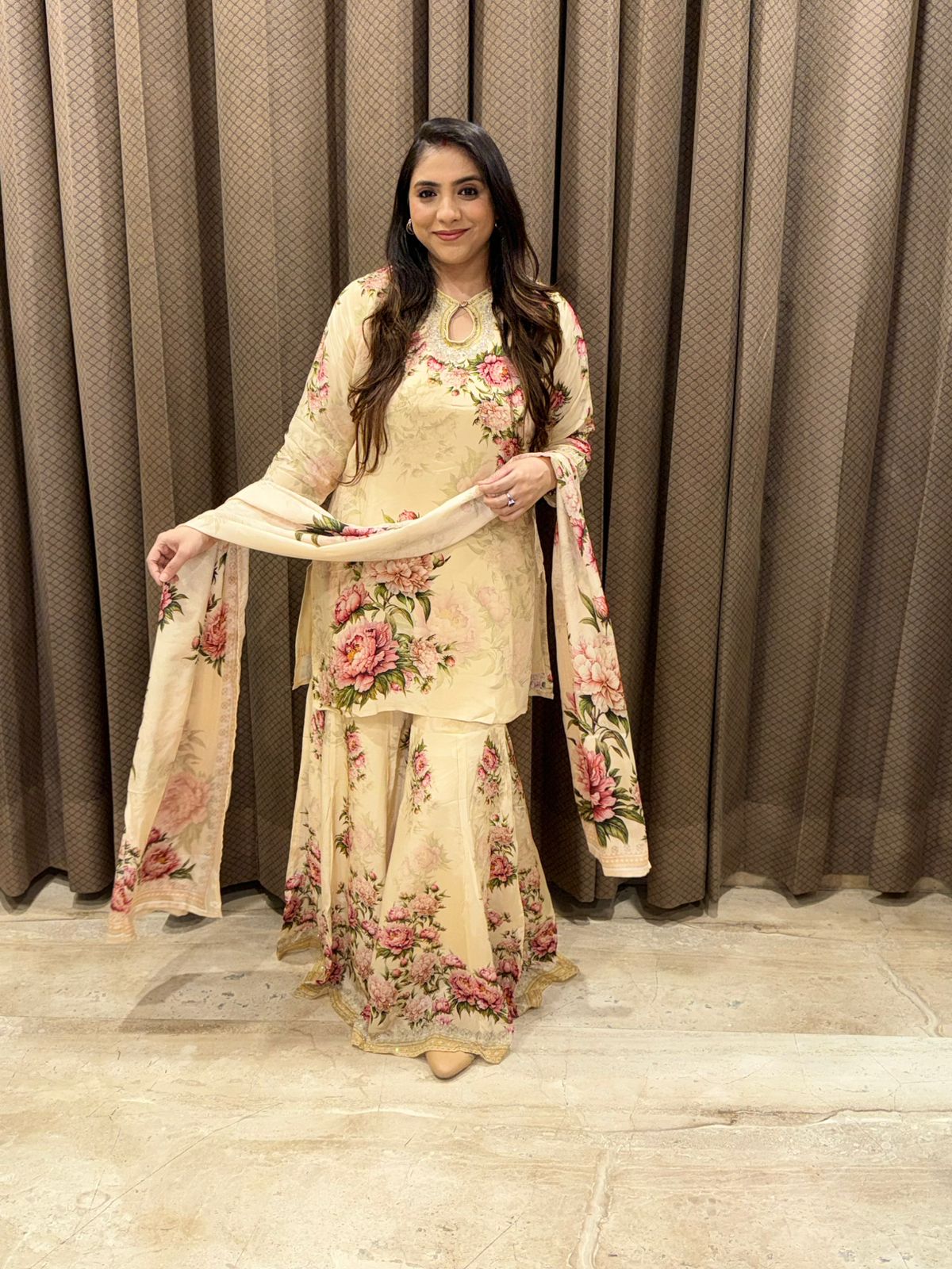 Designer Floral Crepe Sharara Set with dupatta & handwork