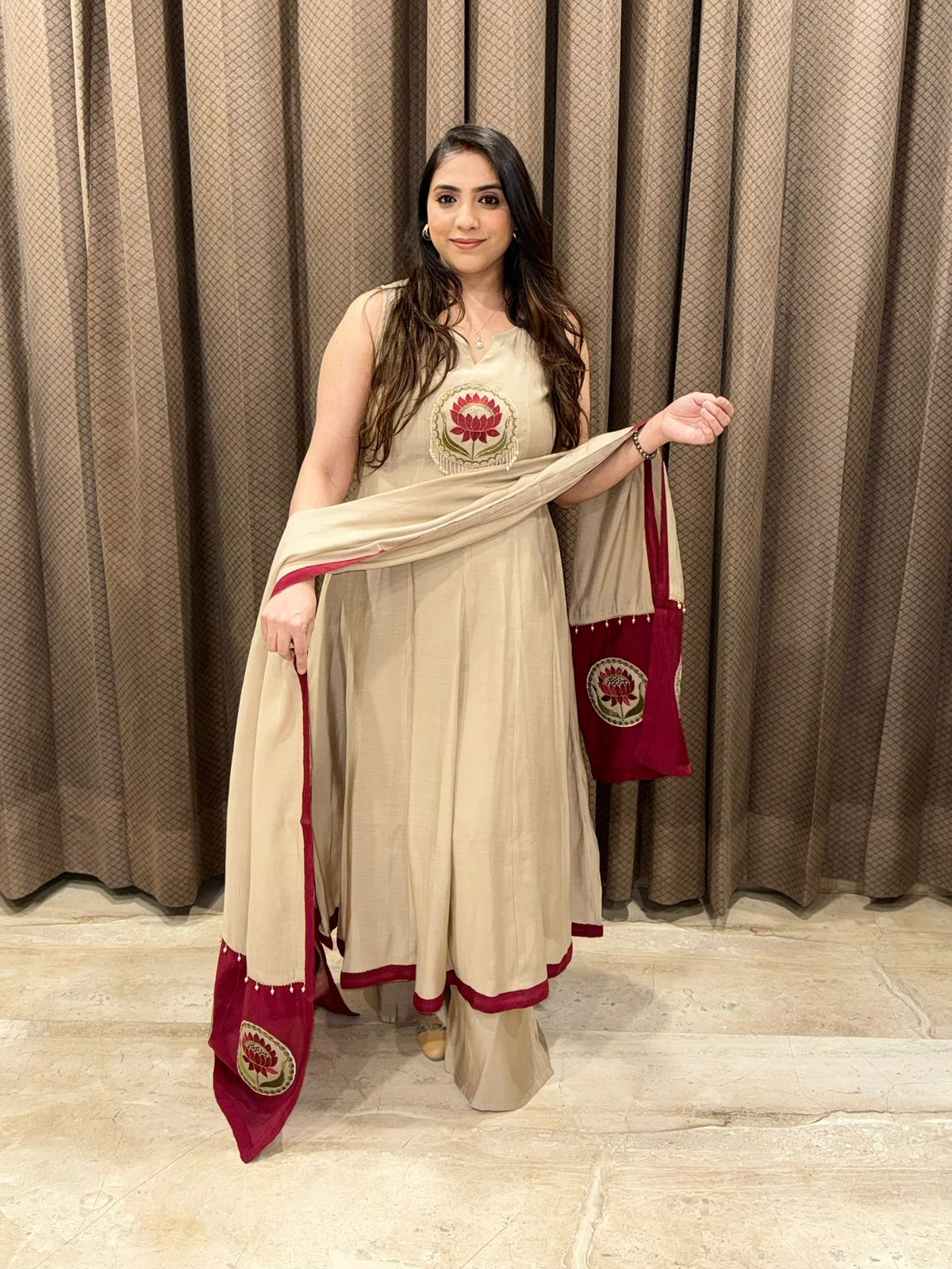 Designer Beige Anarkali handwork plazoo set with dupatta