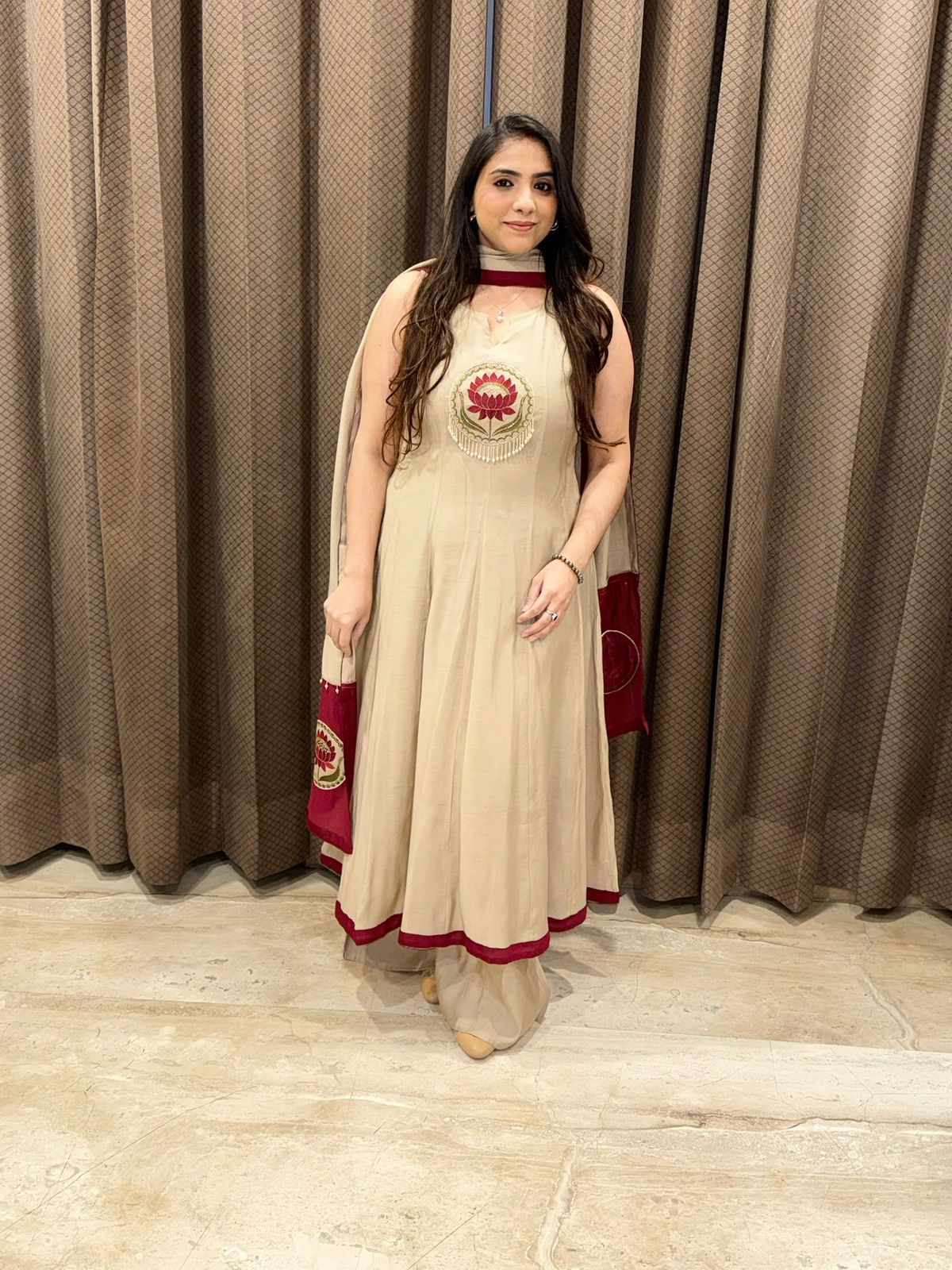 Designer Beige Anarkali handwork plazoo set with dupatta