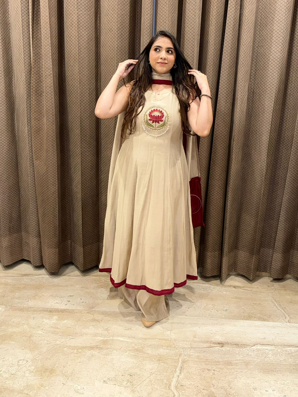 Designer Beige Anarkali handwork plazoo set with dupatta