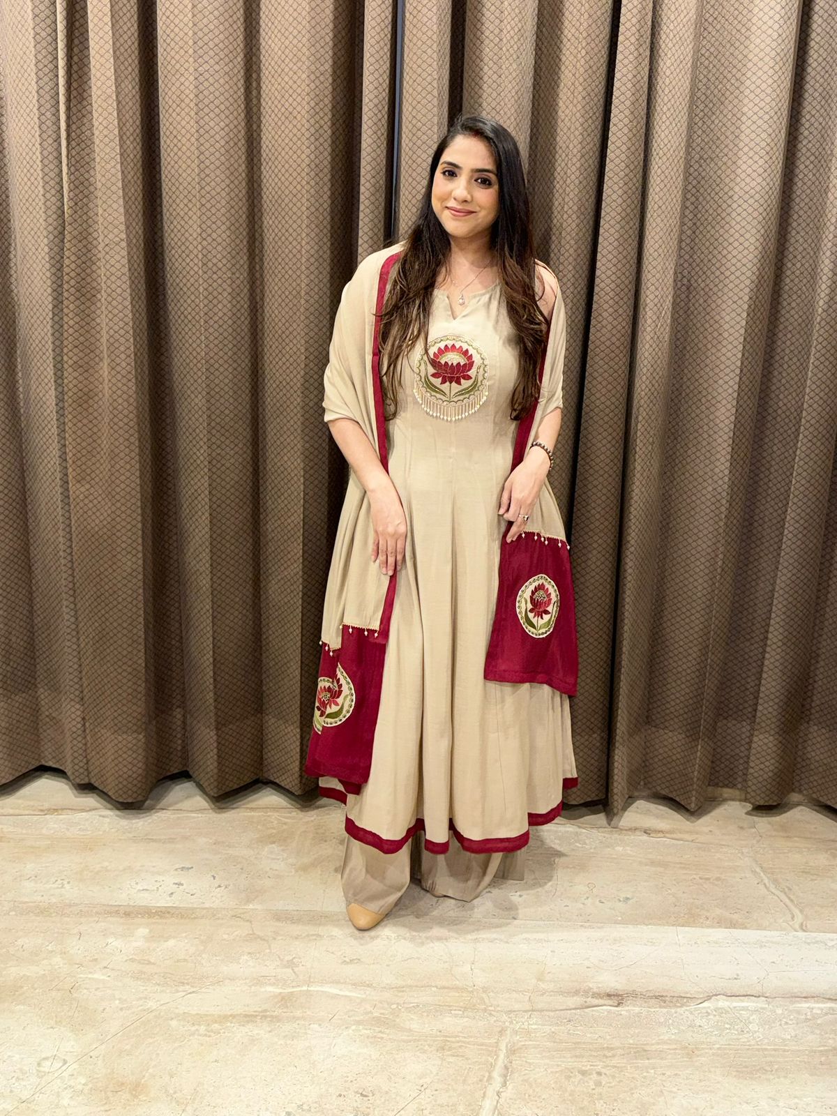 Designer Beige Anarkali handwork plazoo set with dupatta