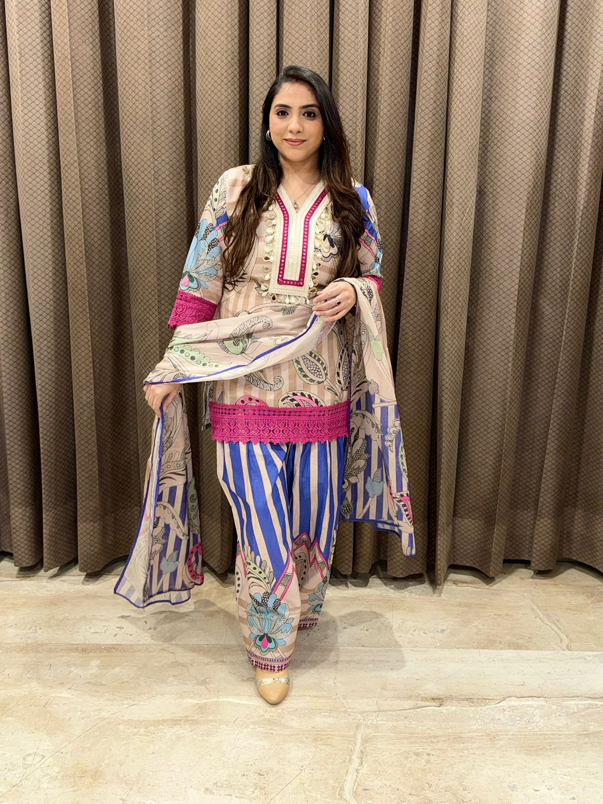 Elegant Purple Digital Farshi set with dupatta and neck detailing
