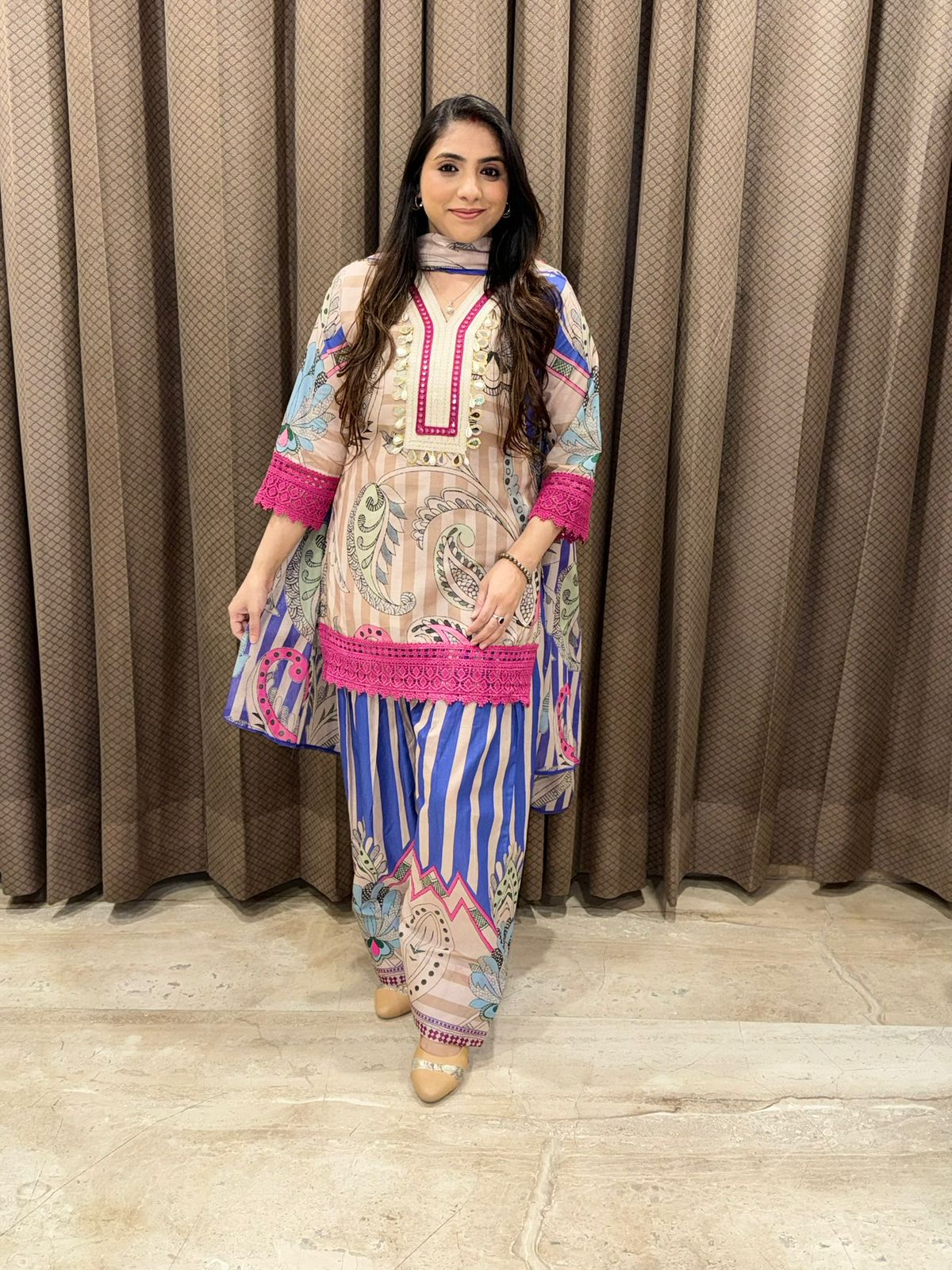 Elegant Purple Digital Farshi set with dupatta and neck detailing