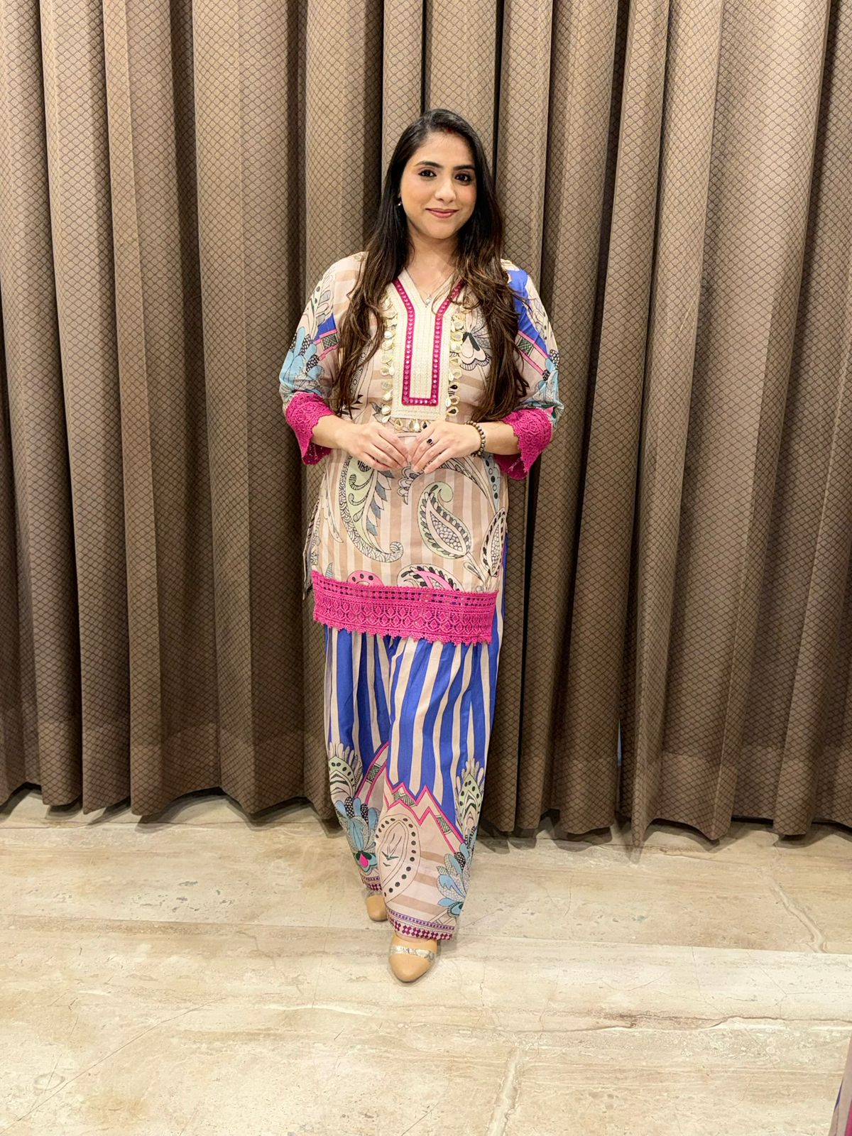 Elegant Purple Digital Farshi set with dupatta and neck detailing