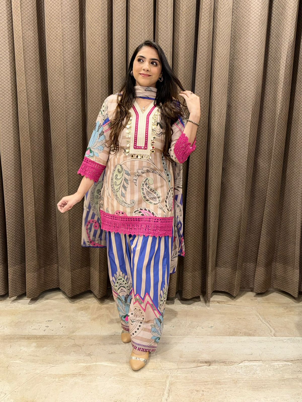 Elegant Purple Digital Farshi set with dupatta and neck detailing