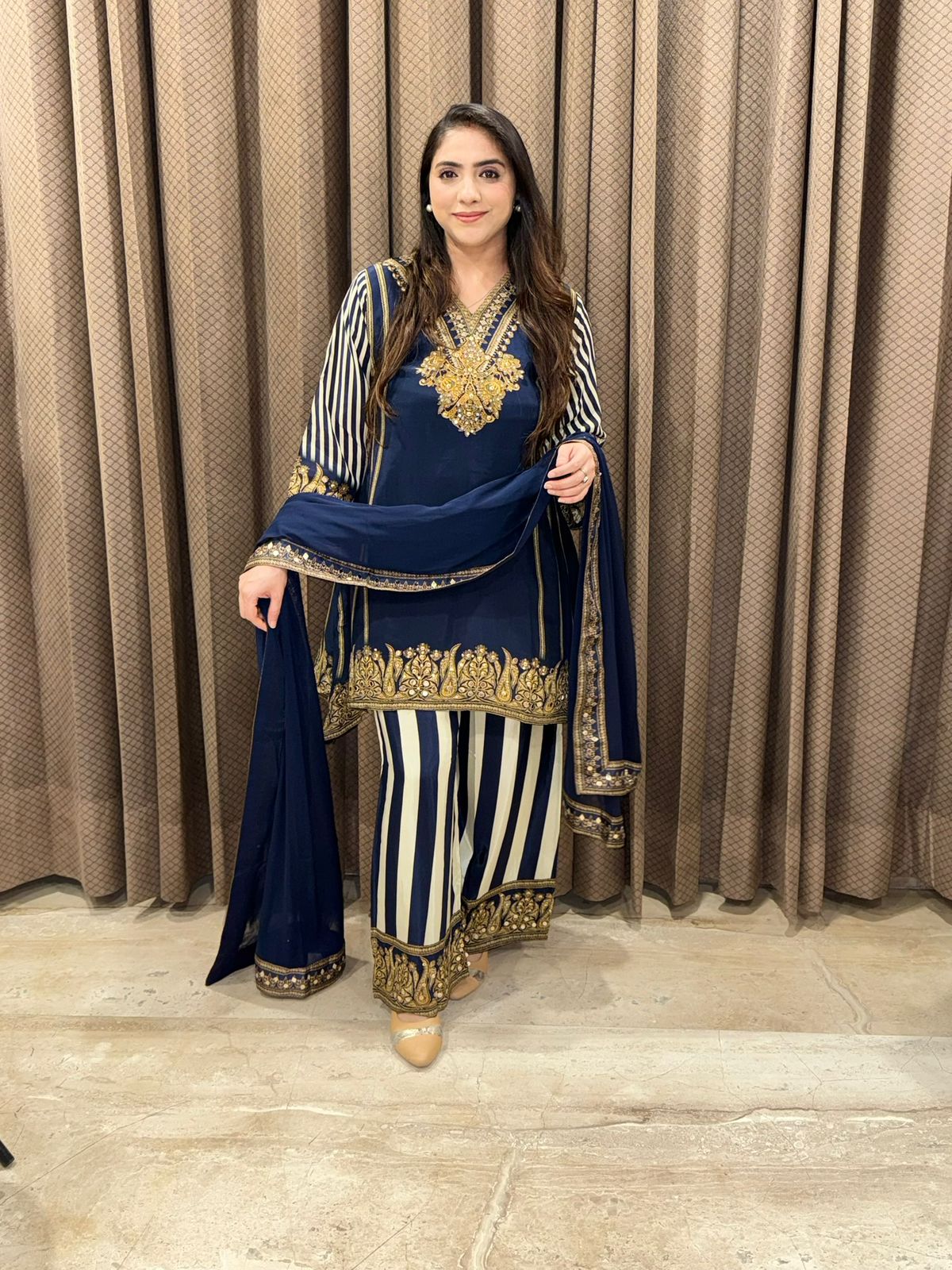 Blue Digital Handwork C-Cut Kurta Set with Dupatta