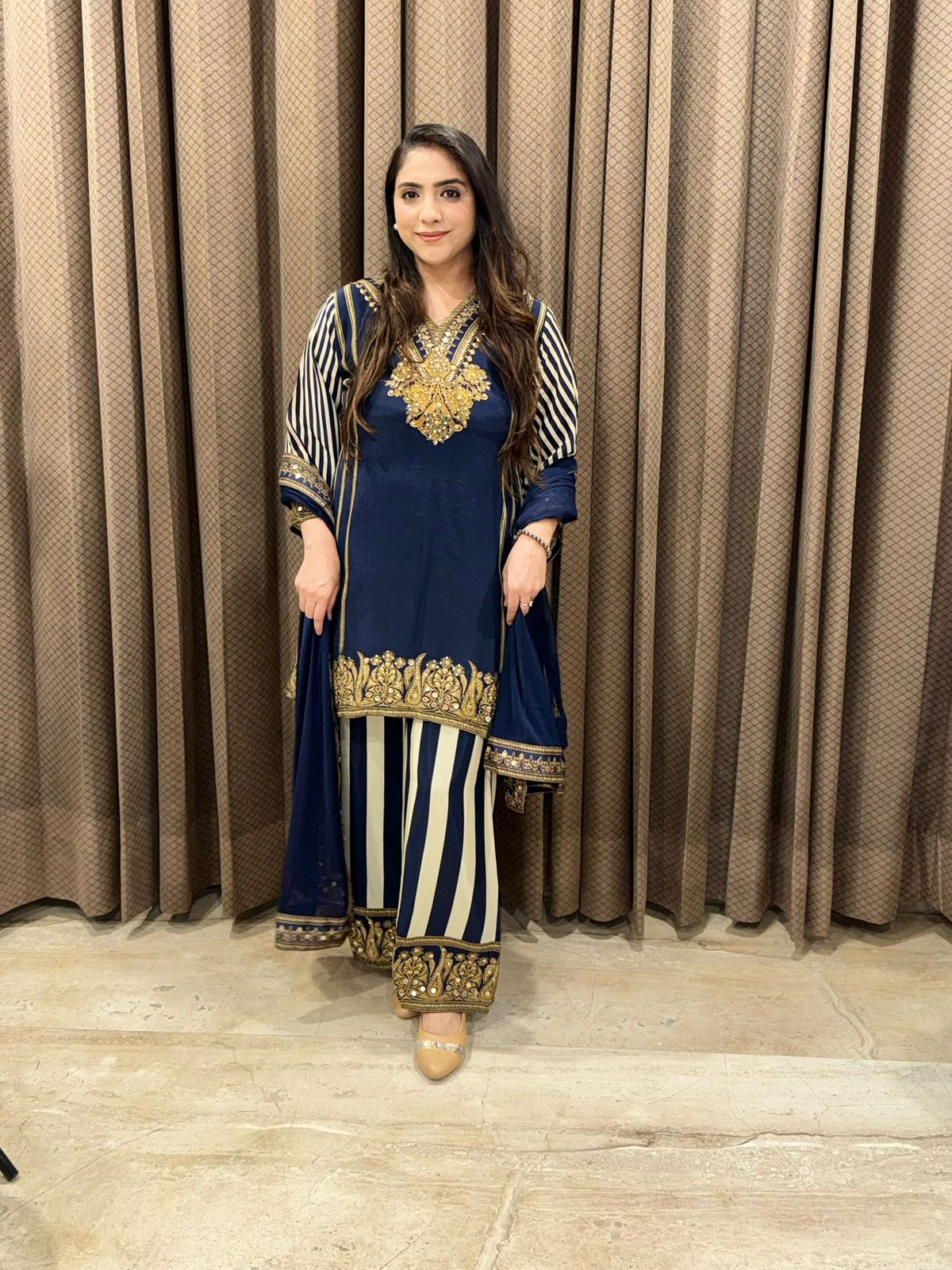 Blue Digital Handwork C-Cut Kurta Set with Dupatta