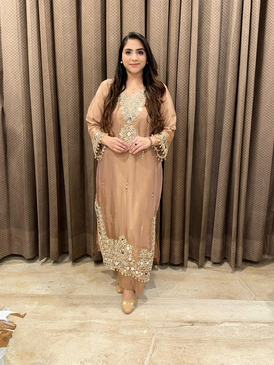 Designer Peach Long dress set with potli and mirror handwrork