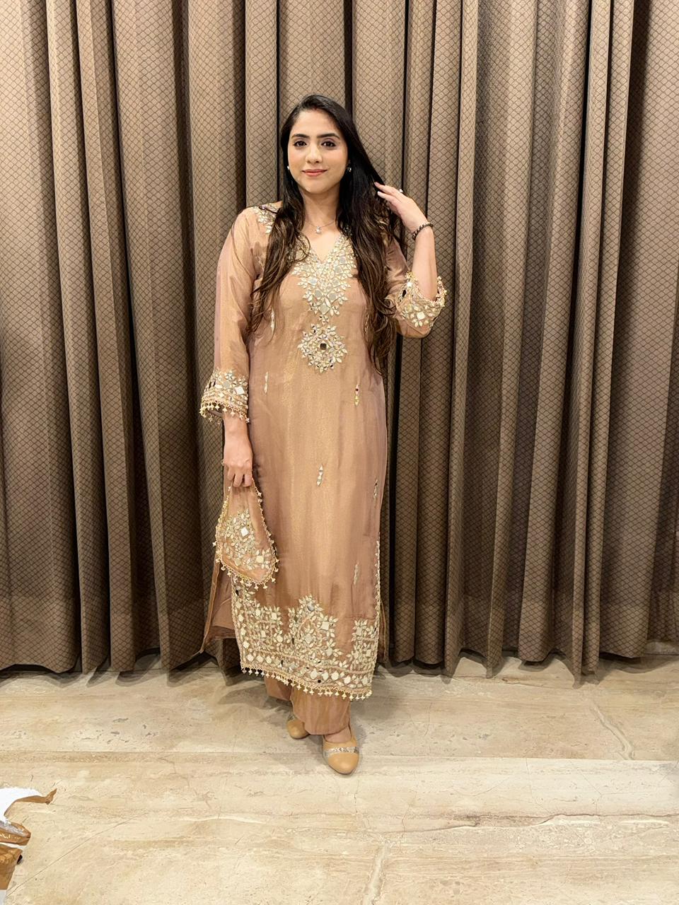 Designer Peach Long dress set with potli and mirror handwrork