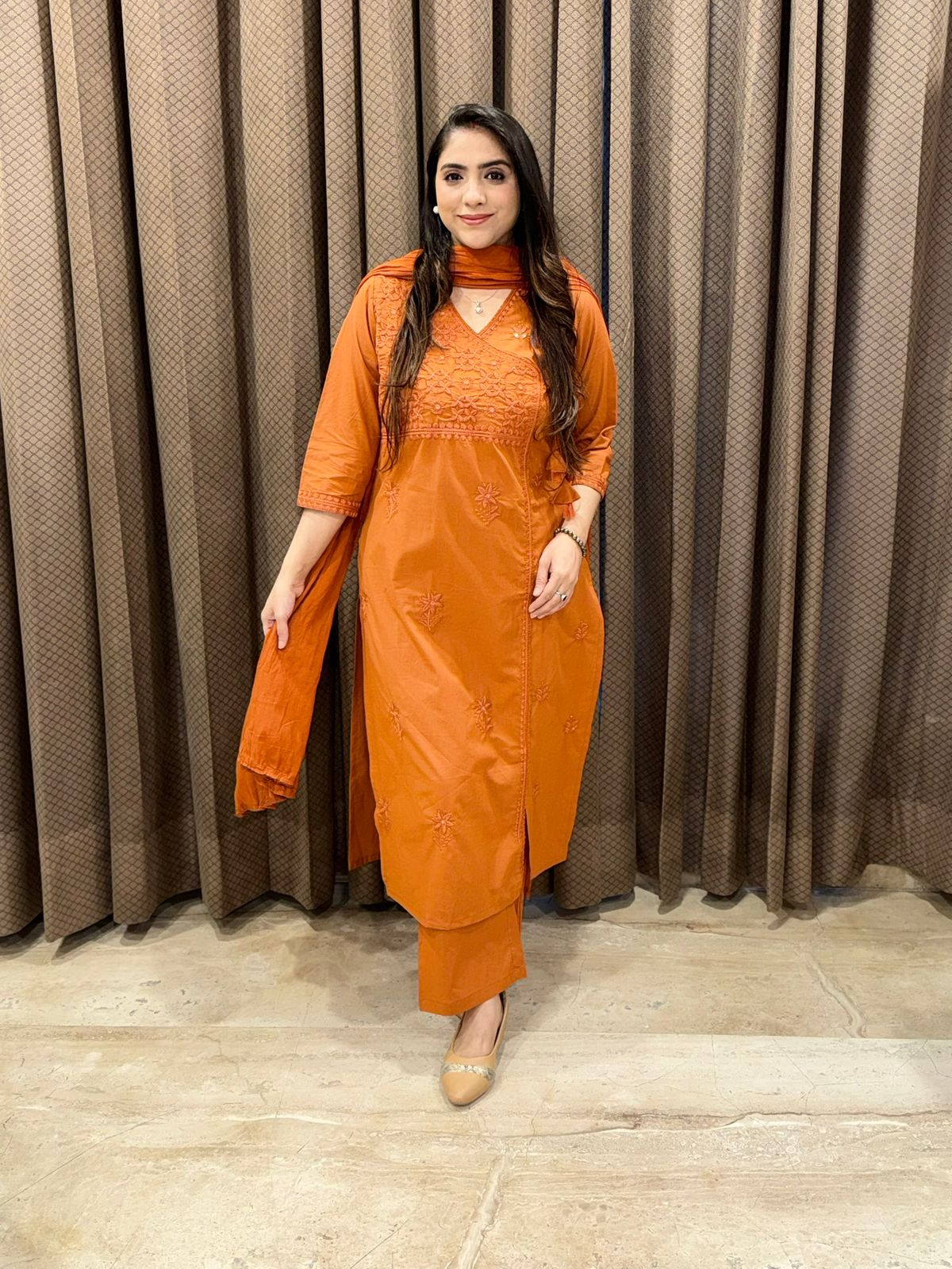 Rust Straight angrakha suit Set embroidered with Dupatta
