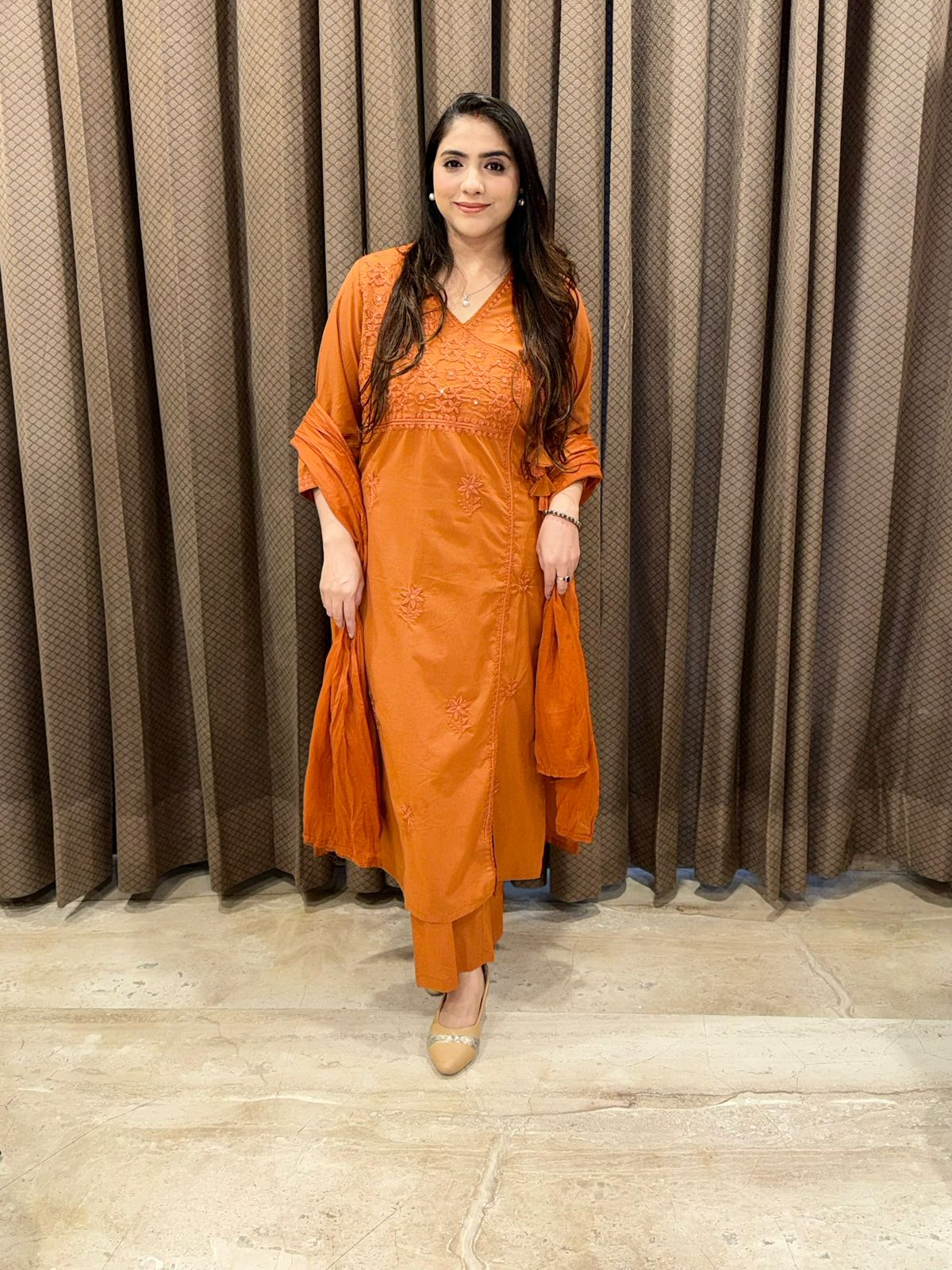 Rust Straight angrakha suit Set embroidered with Dupatta