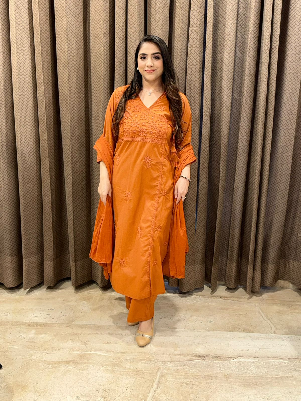 Rust Straight angrakha suit Set embroidered with Dupatta
