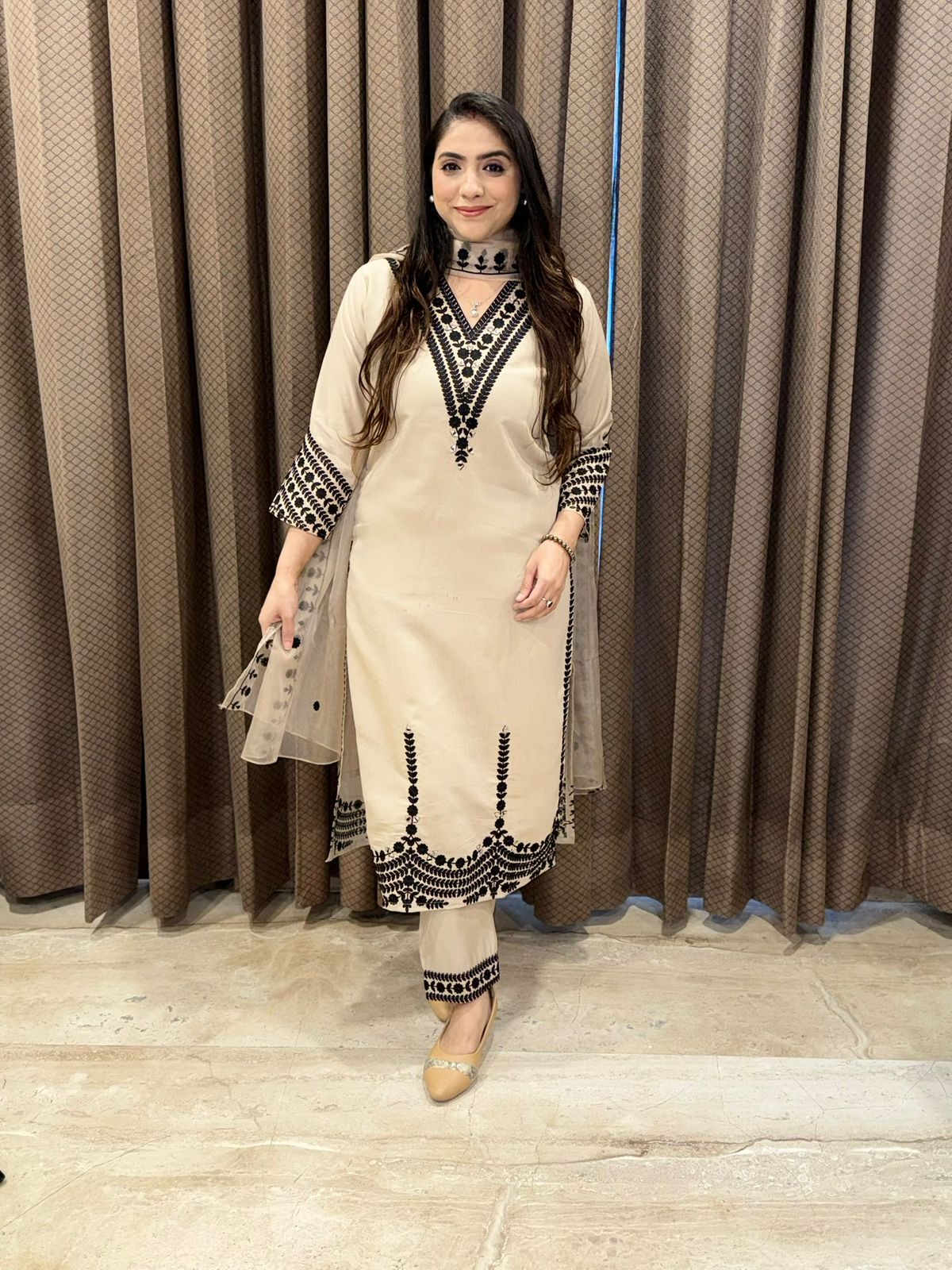 Designer Beige Straight suit Set with thread embroidery & Dupatta