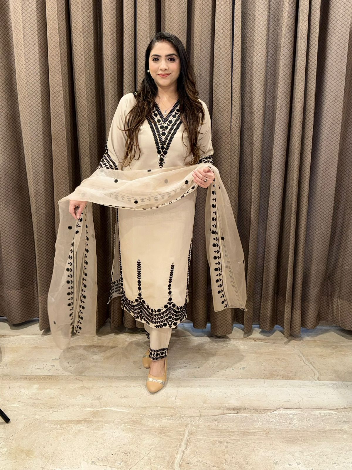 Designer Beige Straight suit Set with thread embroidery & Dupatta