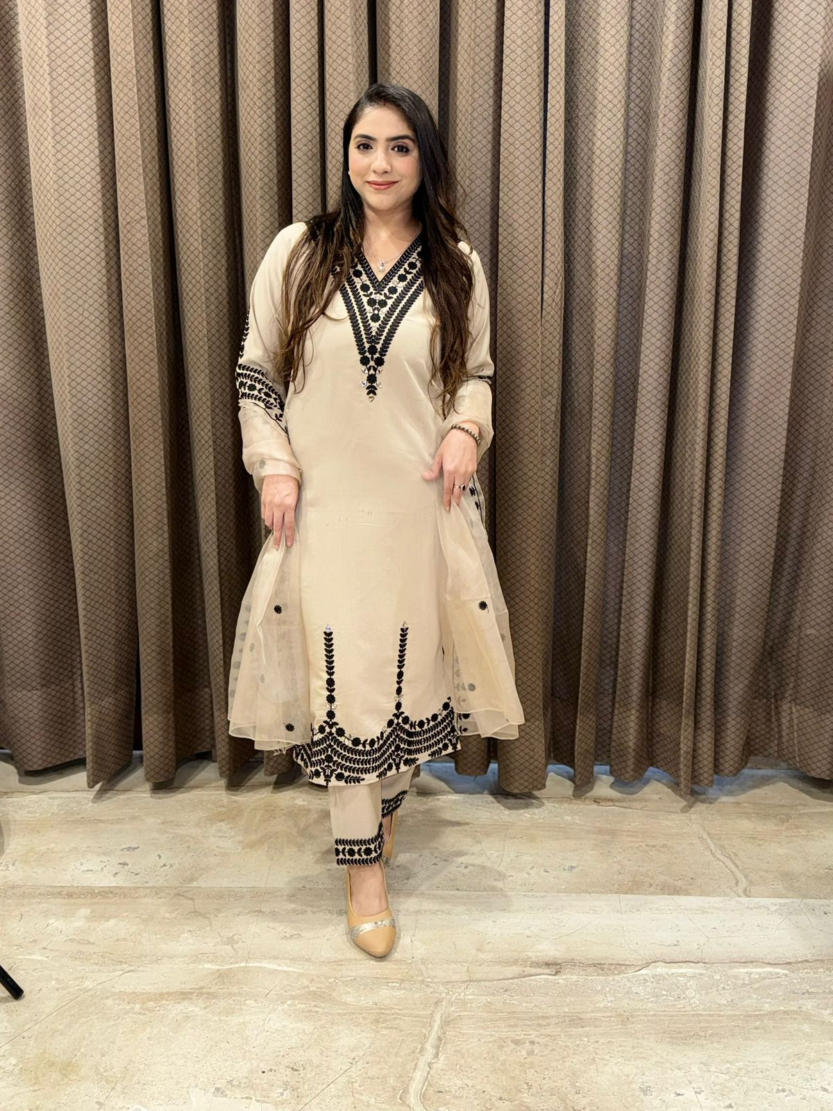 Designer Beige Straight suit Set with thread embroidery & Dupatta