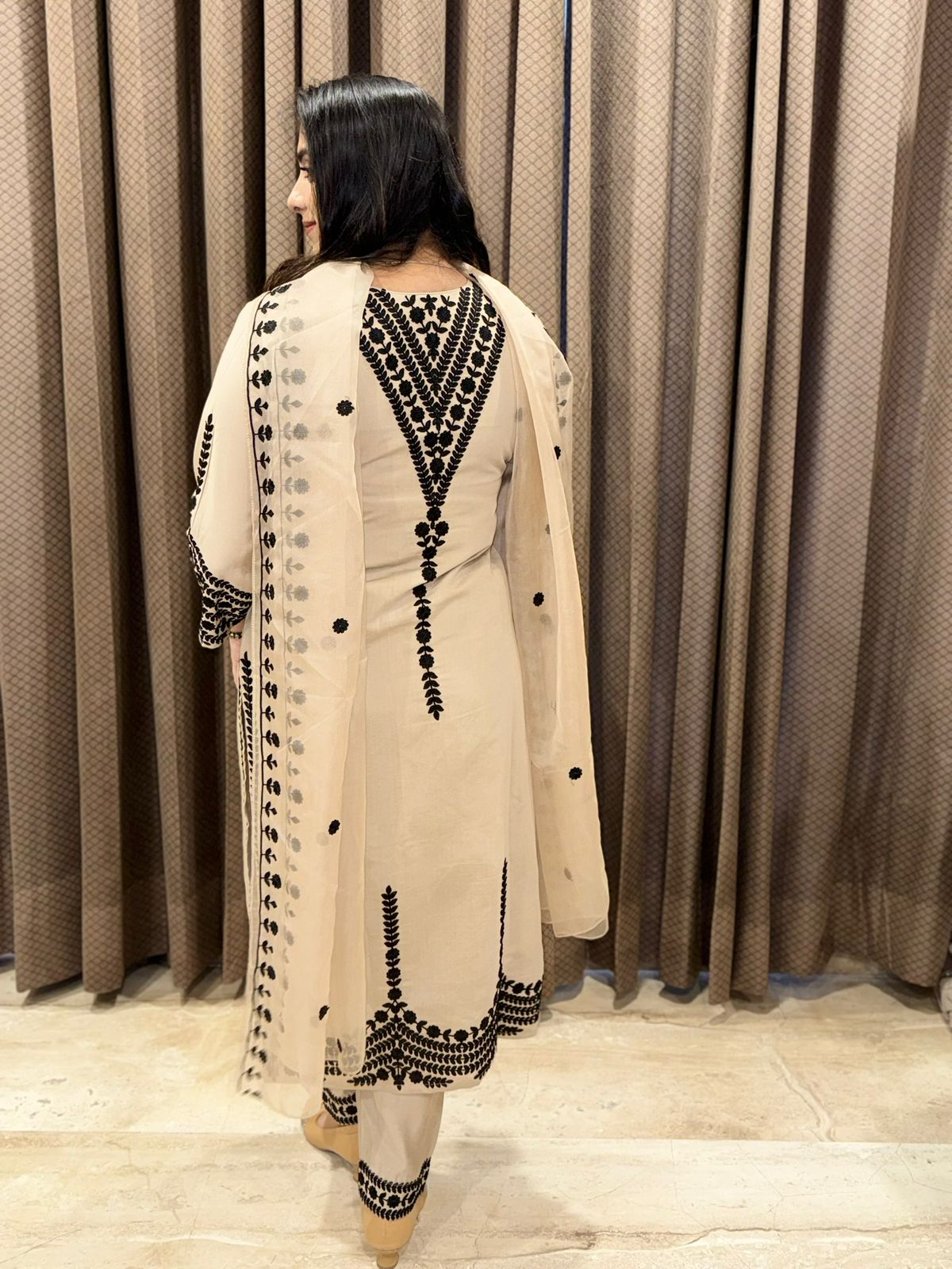 Designer Beige Straight suit Set with thread embroidery & Dupatta